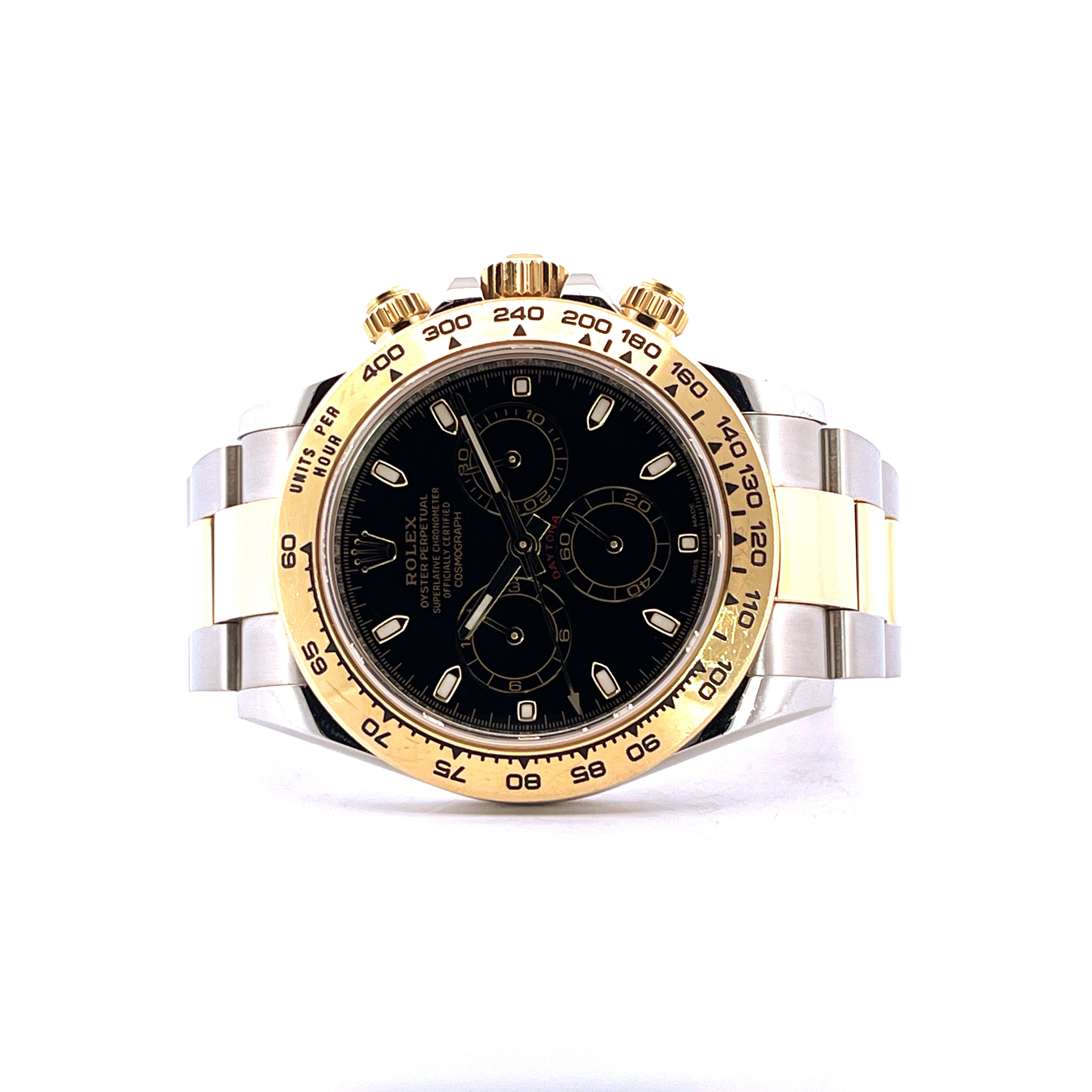 Rolex Daytona 116503 Stahl & Gold mit schwarzem Zifferblatt, Frontansicht auf weißem Hintergrund