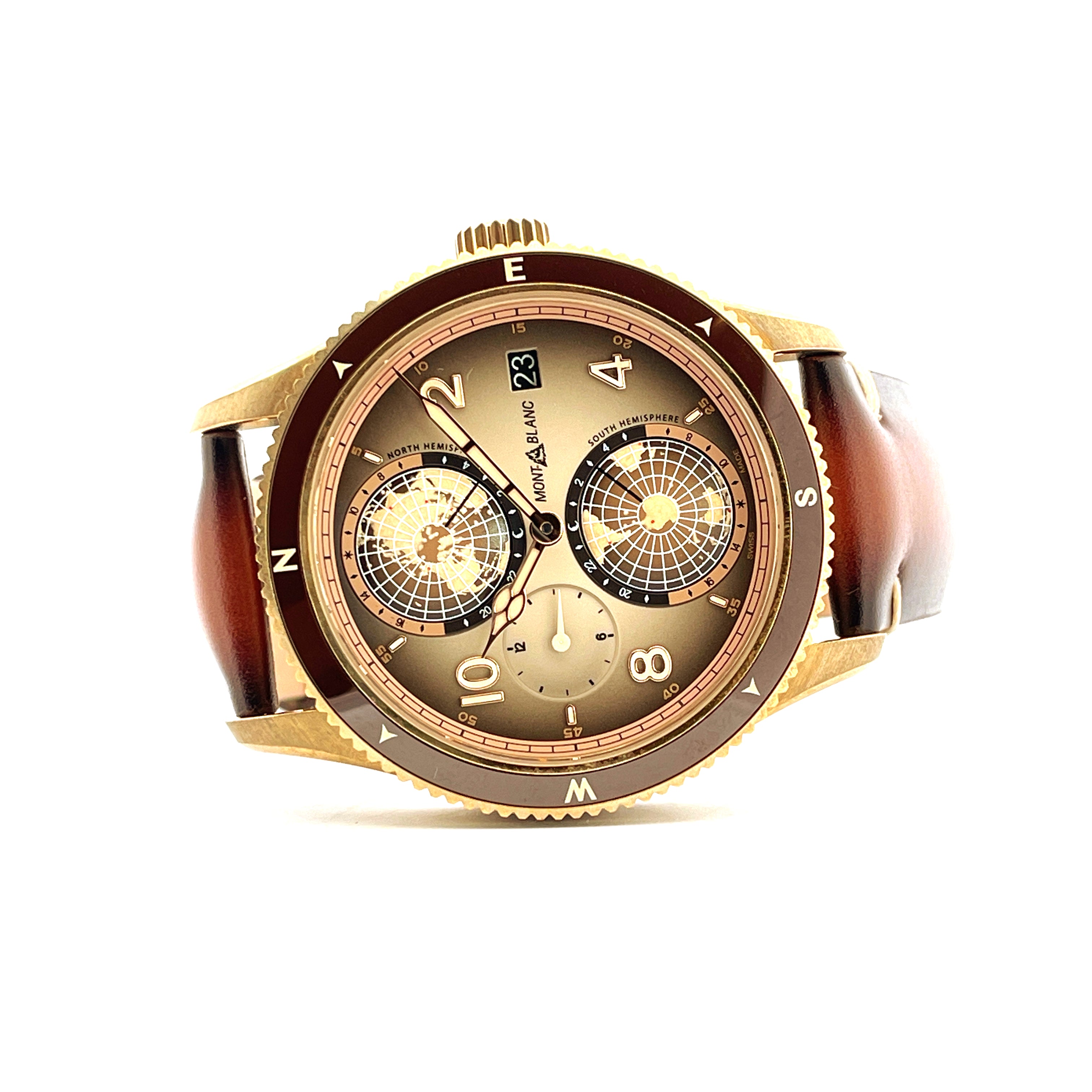 Montblanc 1858 Geosphere Limited Edition mit Bronzegeschäfts und Lederarmband im Frontalanblick