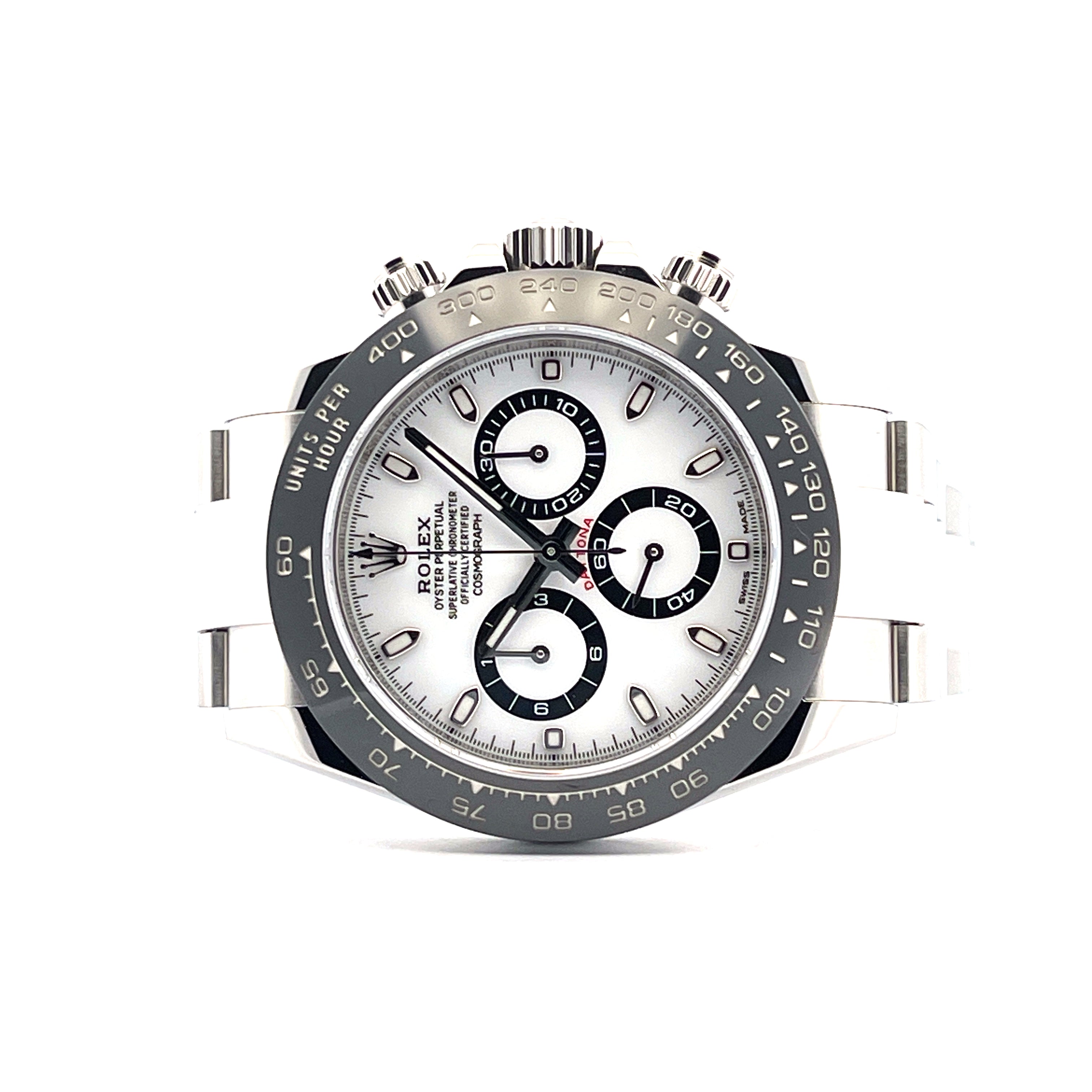 Rolex Daytona 116500LN Frontansicht mit silbernem Zifferblatt und schwarzer Keramiklunette