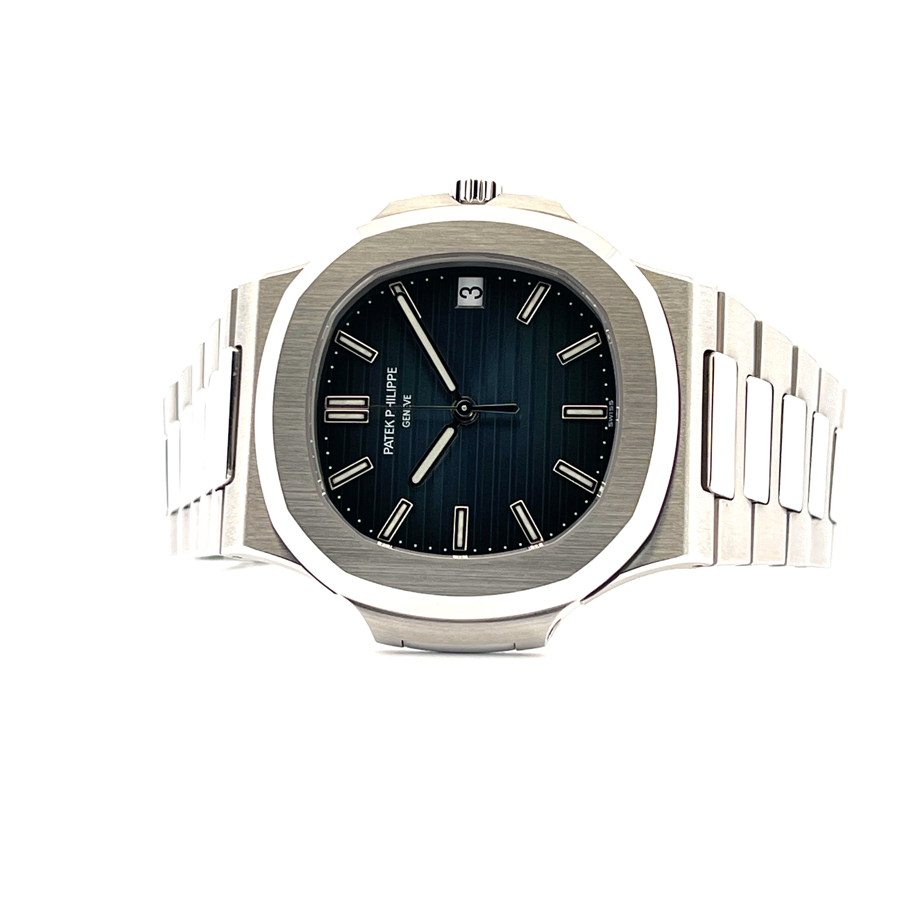 Patek Philippe Nautilus 5711/1A-010 Edelstahl mit blauem Zifferblatt und weißem Hintergrund
