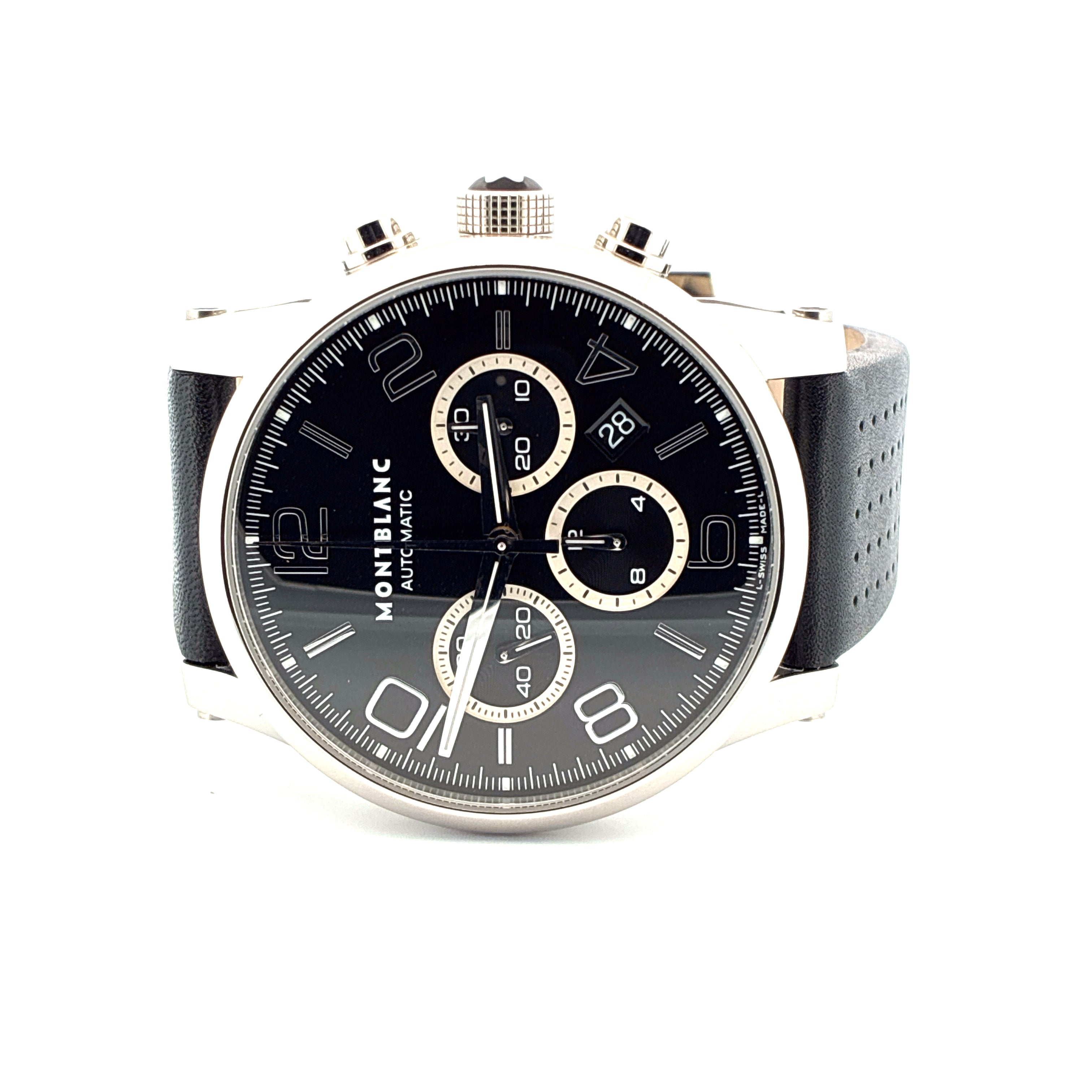 Montblanc Timewalker Chronograph mit schwarzem Zifferblatt und Edelstahlgehäuse mit schwarzem Lederarmband