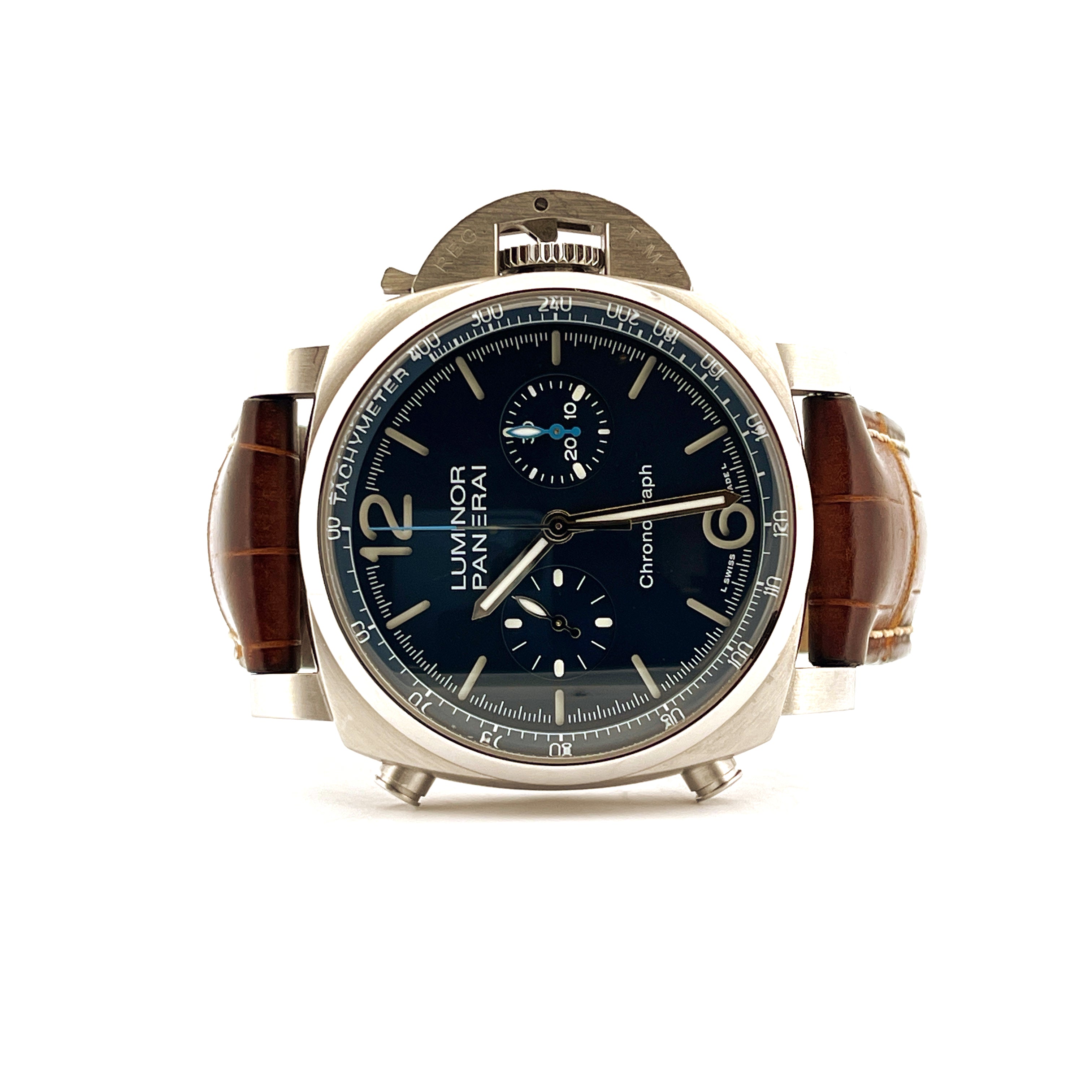 Panerai Luminor Chrono Pam01110 Stahluhr mit blauem Zifferblatt und braunem Lederarmband