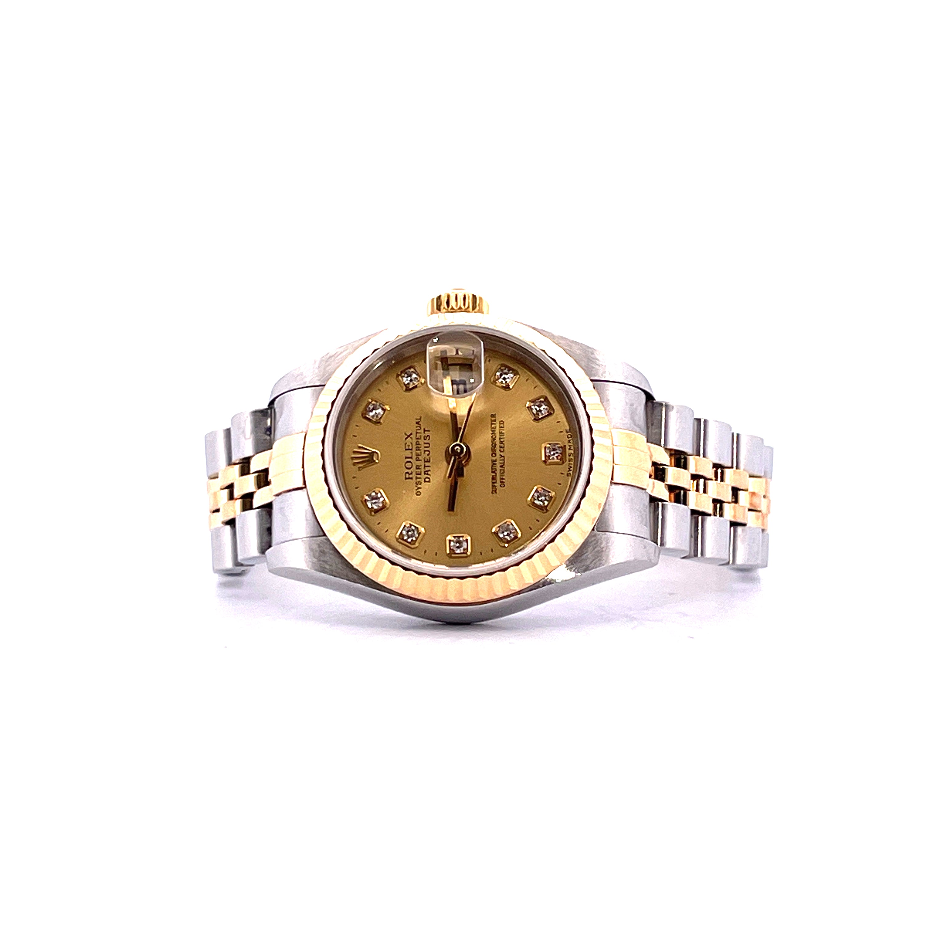 Rolex Lady-Datejust bicolor mit goldenem Zifferblatt, 10 Diamantindizes, Automatikwerk, auf weißem Hintergrund