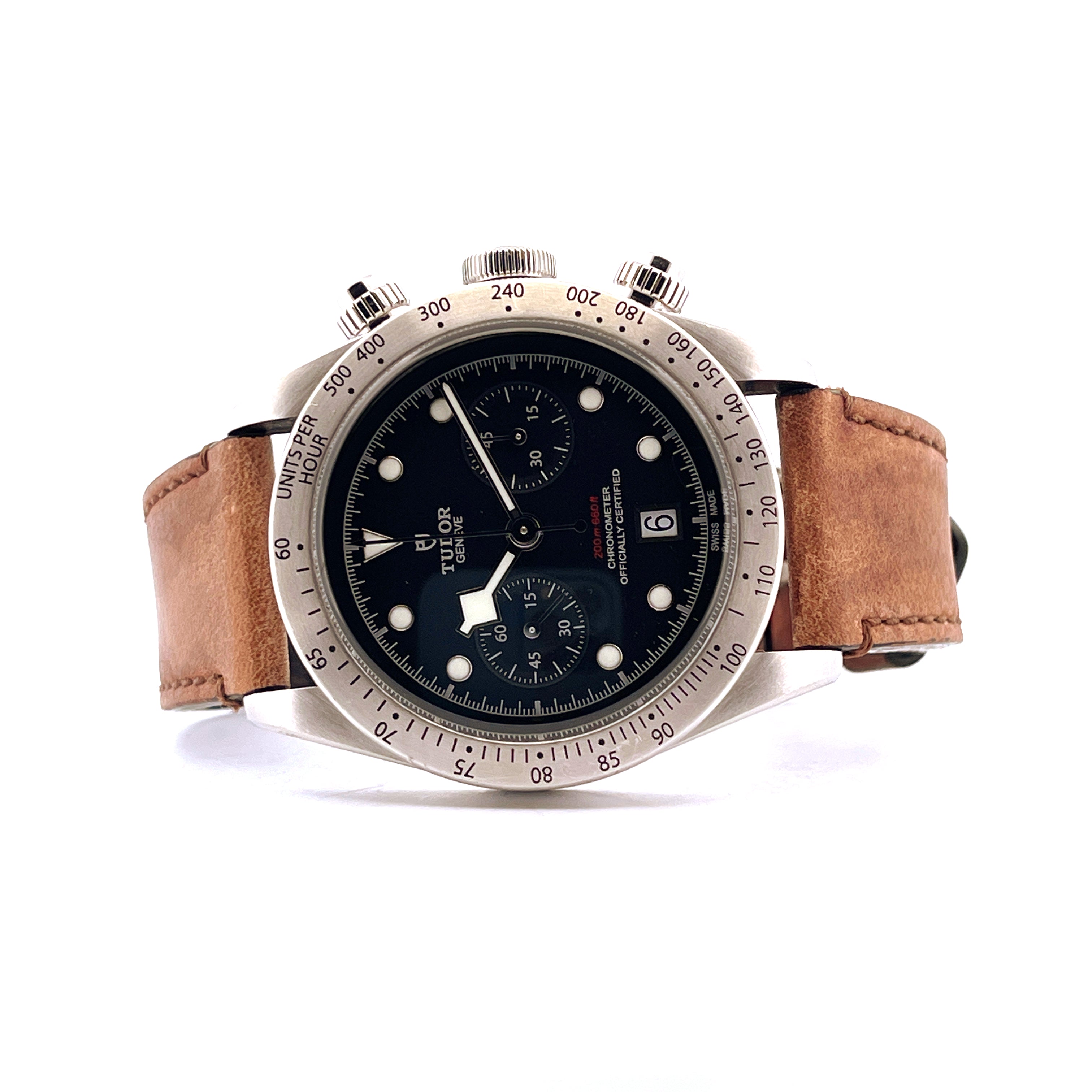 Tudor Black Bay Chrono 2020, Stahl, Automatik, braunes Lederarmband, Frontansicht