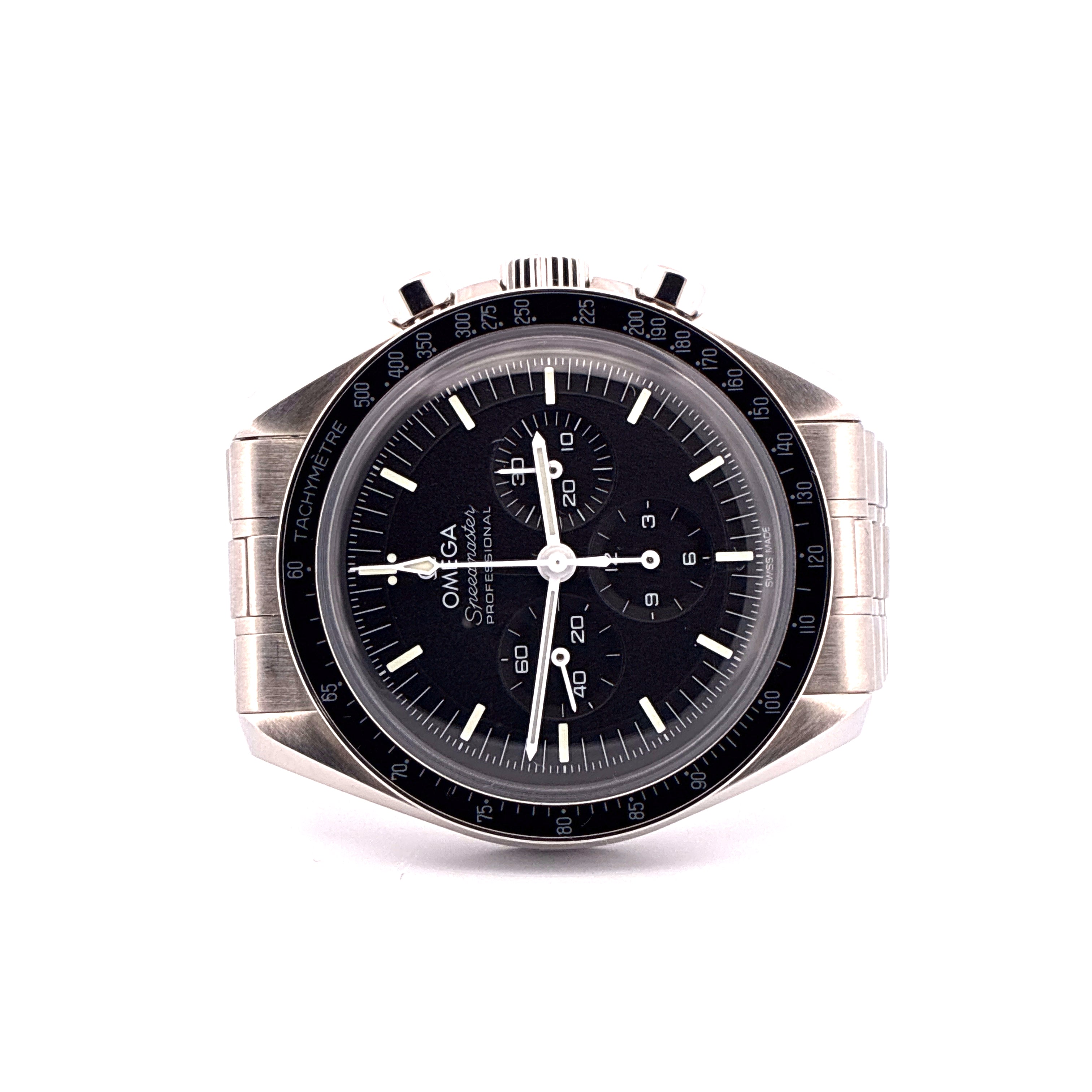 Omega Speedmaster Professional Moonwatch aus Edelstahl mit Hesalit-Glas, schwarzem Zifferblatt und Tachymeter-Lünette