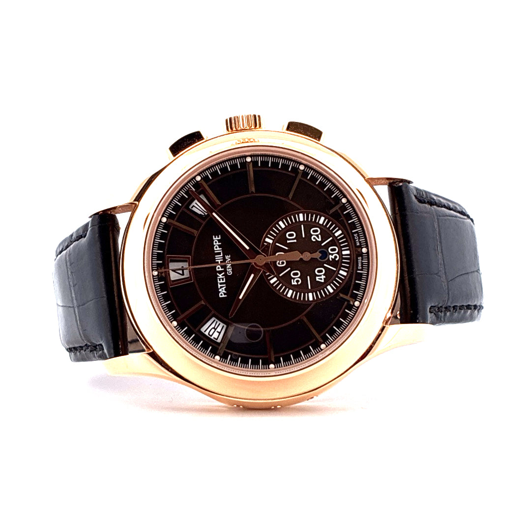 Patek Philippe Annual Calendar Chronograph Roségold mit schwarzem Zifferblatt und Lederarmband