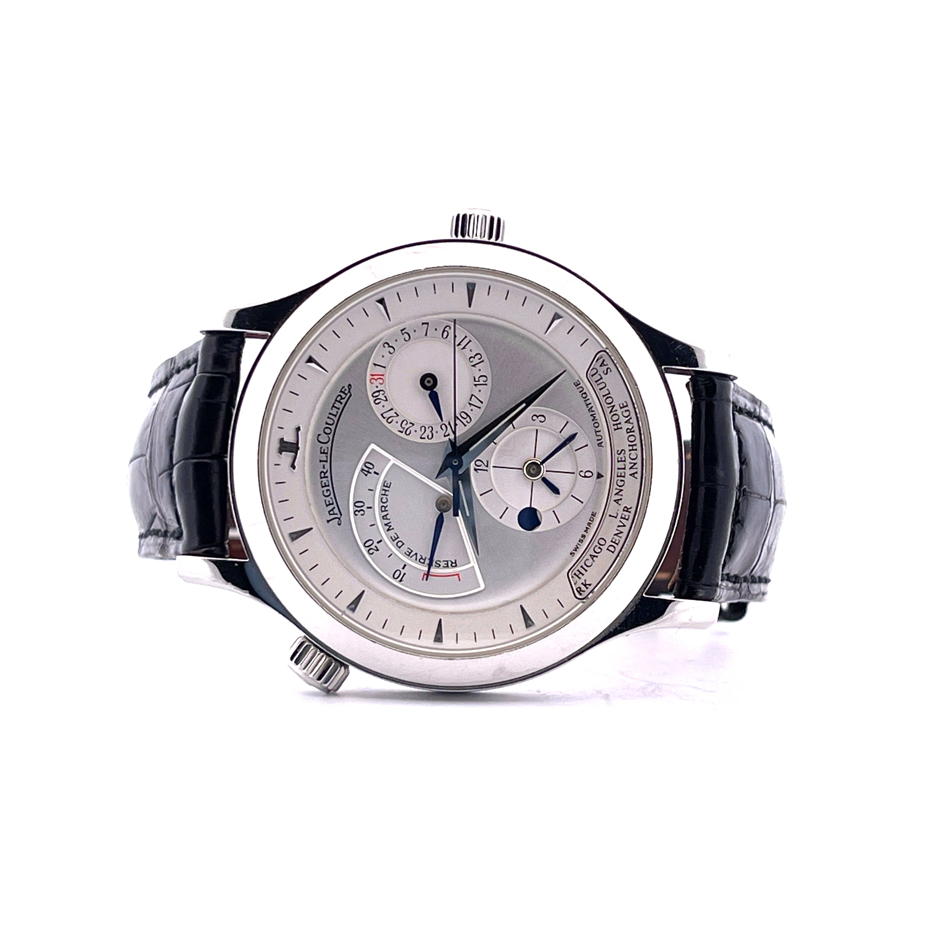 Jaeger LeCoultre Master Geographic 38 mm Uhr mit silbernem Zifferblatt und schwarzem Lederarmband