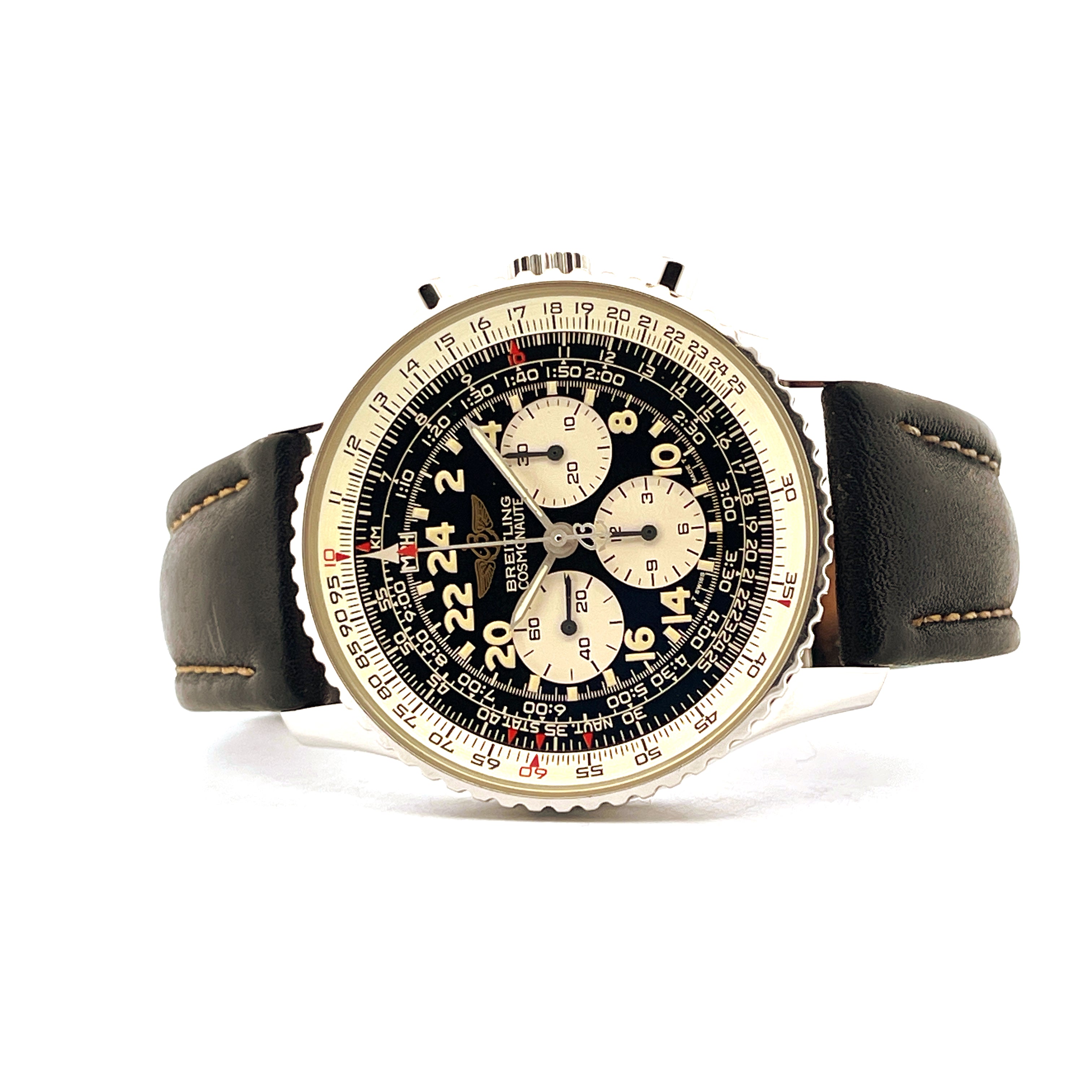 Breitling Navitimer Cosmonaute A12023, Edelstahl, schwarzes Zifferblatt, Lederband