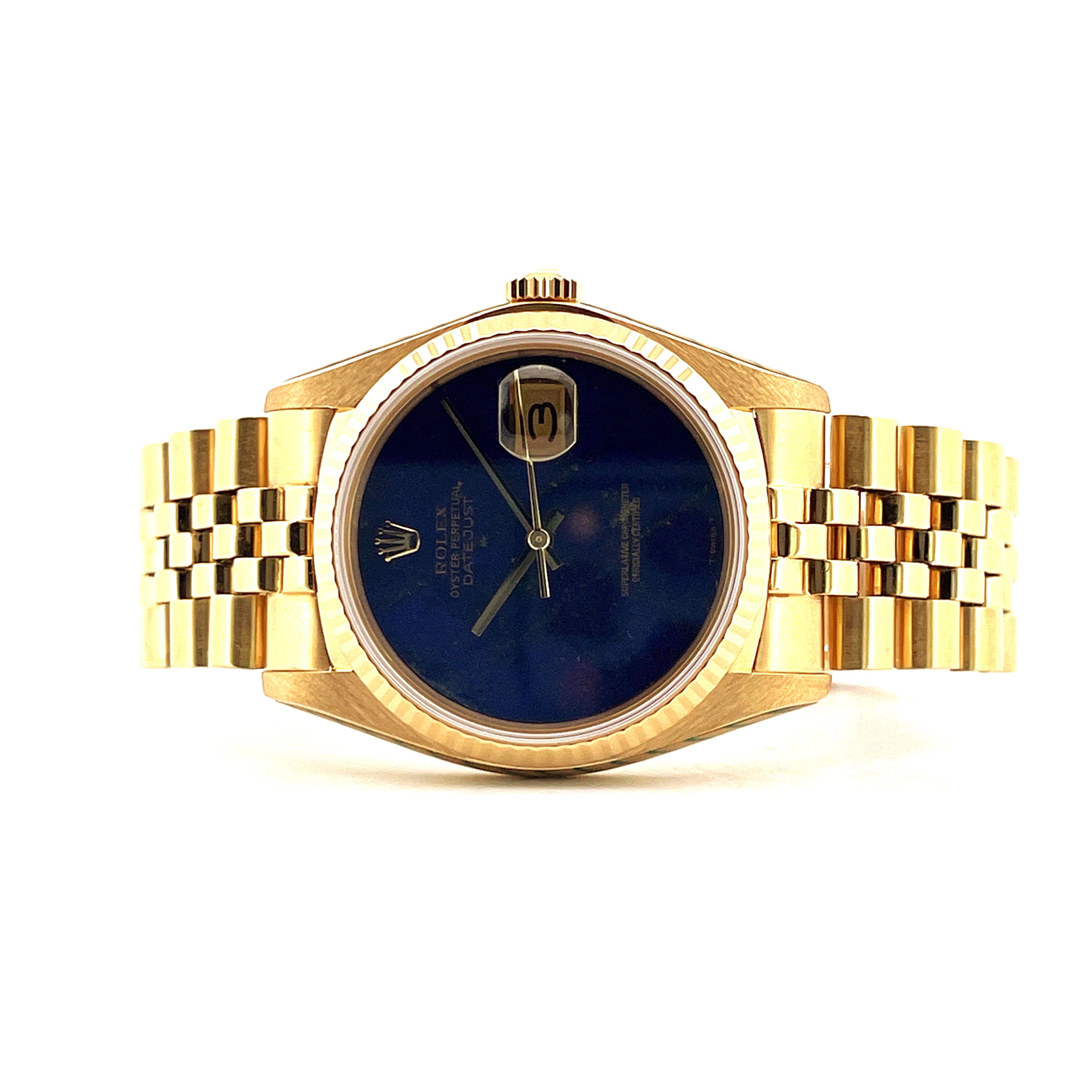 Eine Rolex Datejust 36 aus Gelbgold mit Lapis-Lazuli-Zifferblatt und Jubilé-Armband, Frontansicht