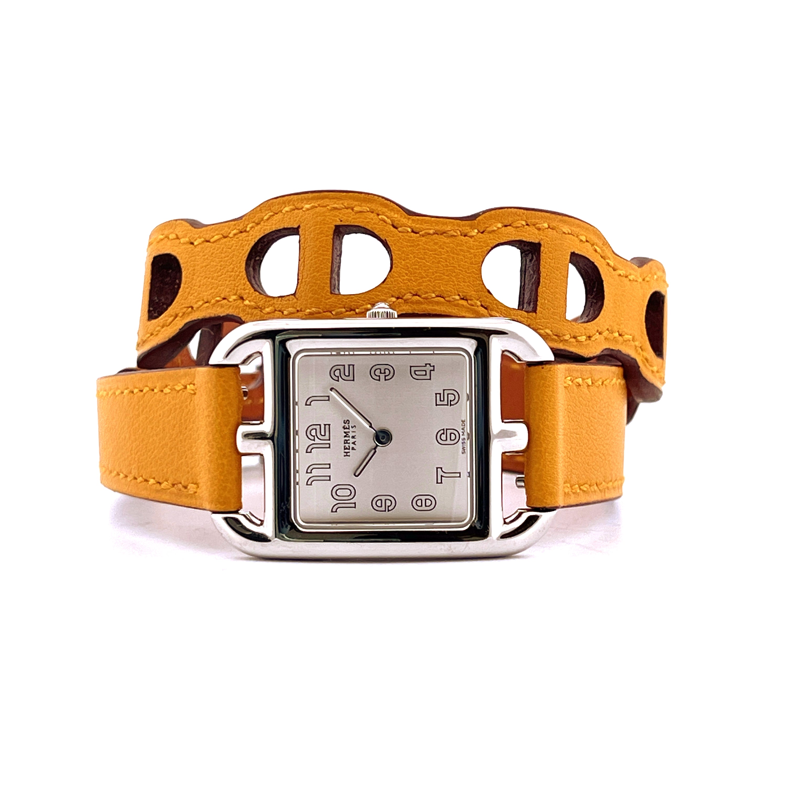 Hermès Cape Cod Uhr mit quadratischem Edelstahlgehäuse und braunem Lederarmband mit charakteristischen H-Motiven