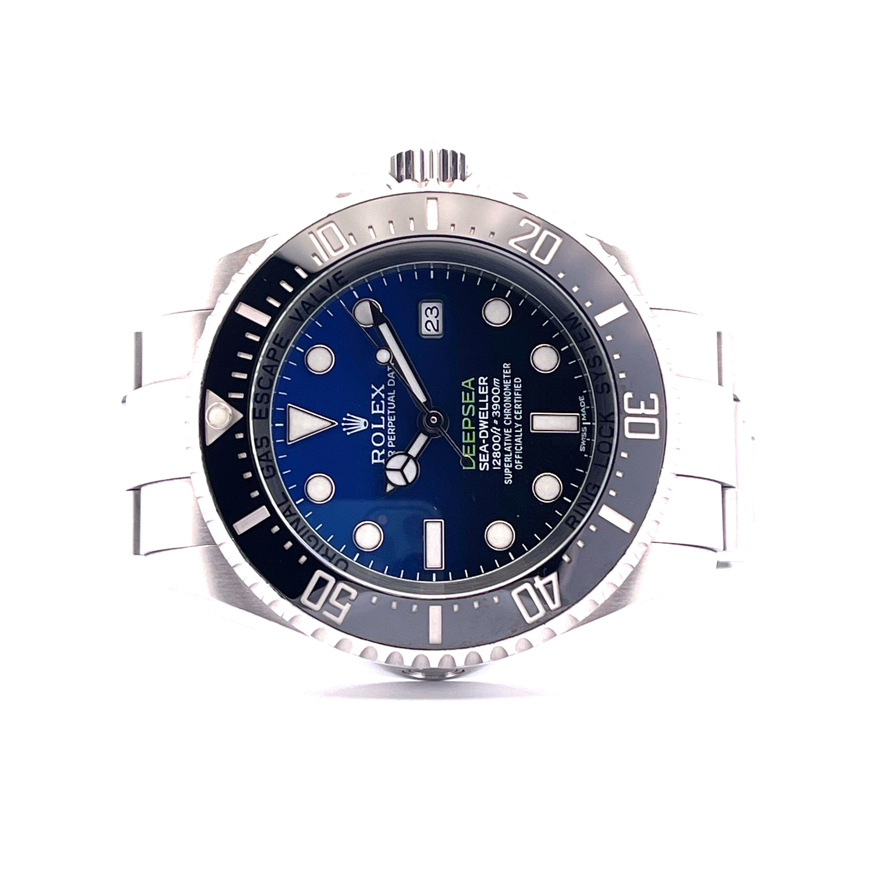 Rolex Deepsea Sea-Dweller James Cameron mit blauem Zifferblatt, Stahlgehäuse und Armband aus nächster Nähe aufgenommen