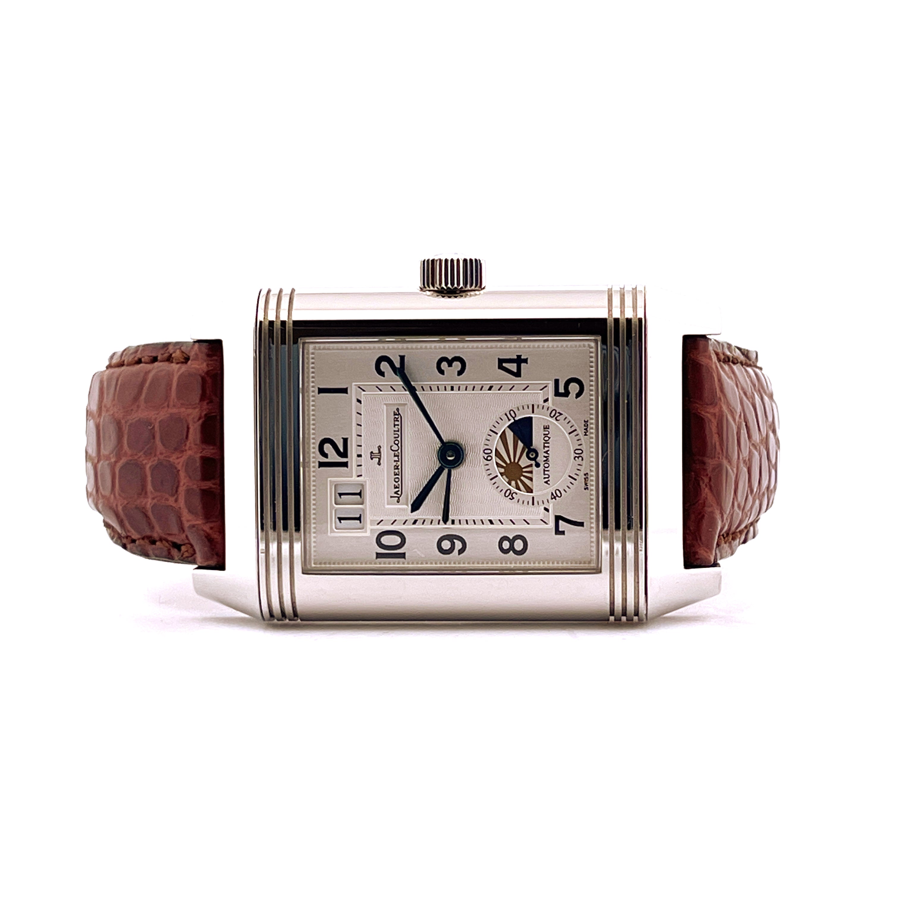 Jaeger-LeCoultre Reverso Grande Panorama Date Moonphase in Edelstahl mit braunem Lederarmband