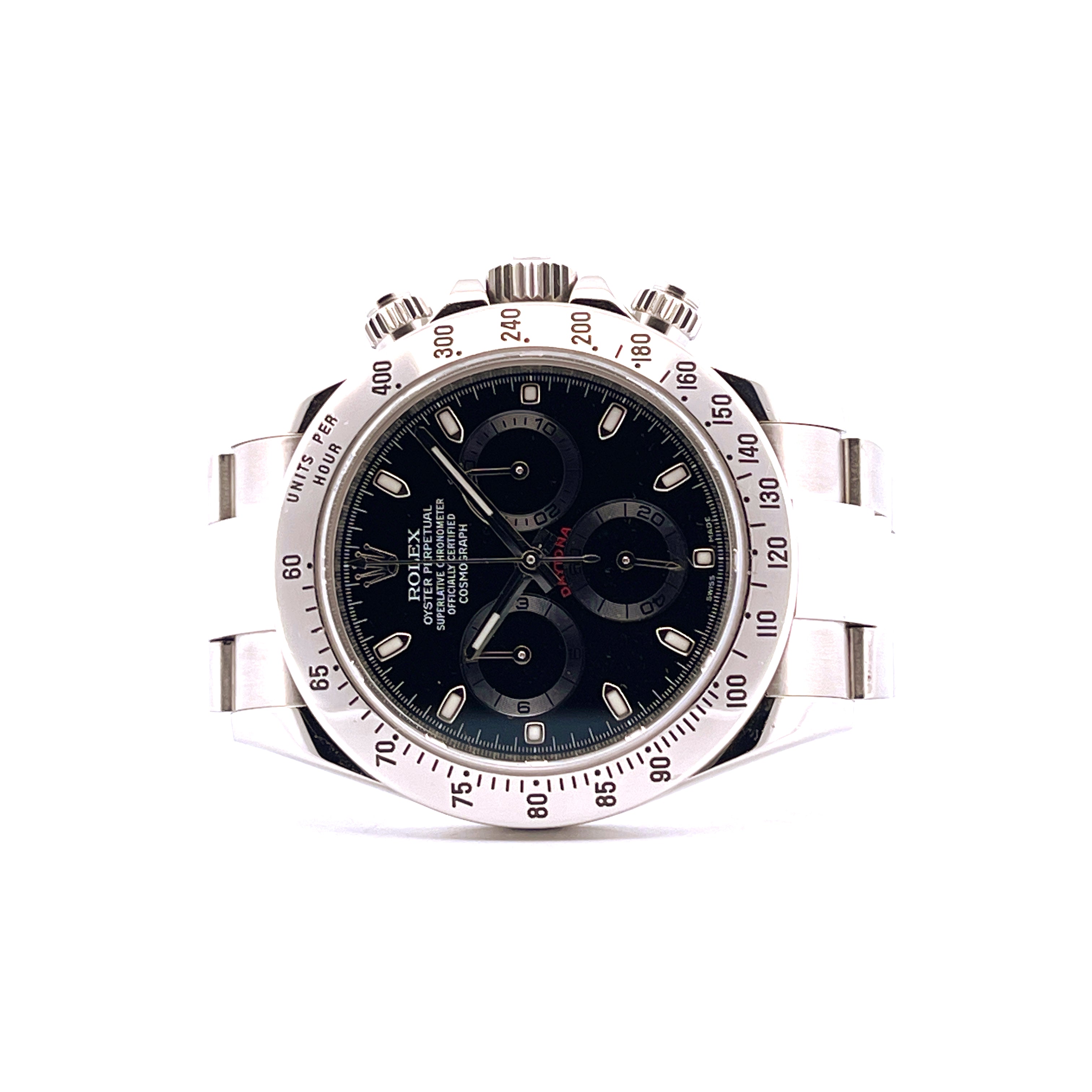 Rolex Daytona 116520 mit schwarzem Zifferblatt aus Edelstahl, Frontansicht mit Lünette und Armband