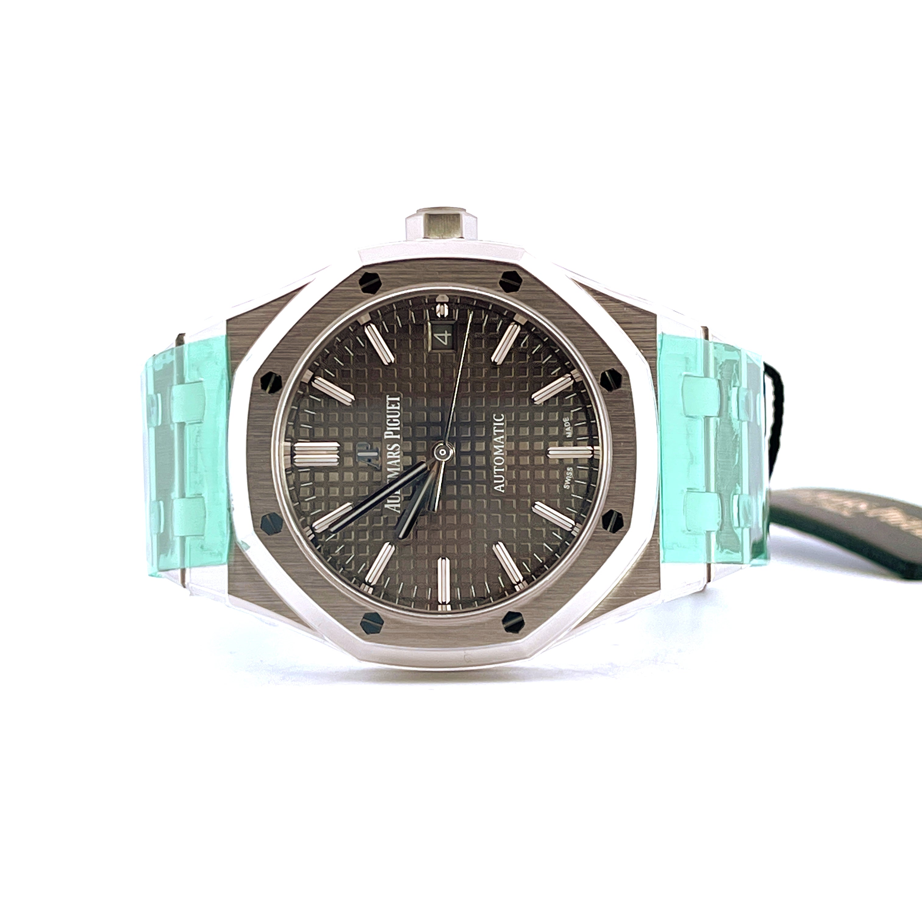 Audemars Piguet Royal Oak 15450ST Edelstahl Automatik mit dunklem Zifferblatt und mintgrünem Schutzfilm