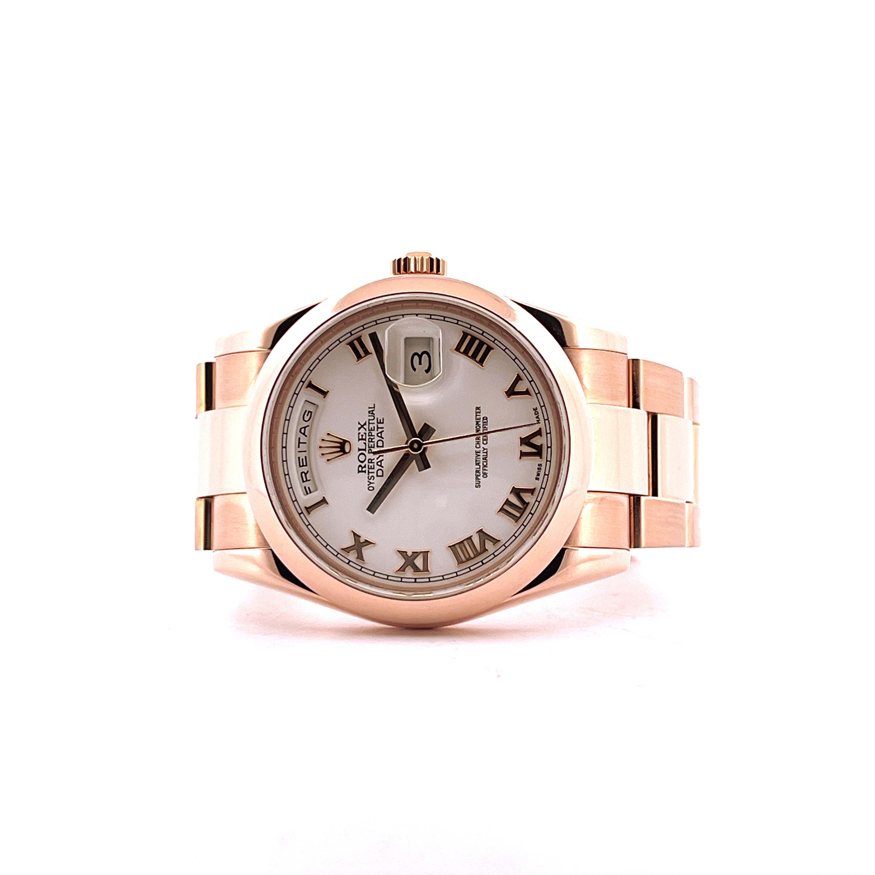 Rolex Day-Date 36 mm Roségold mit weißem Zifferblatt und römischen Ziffern