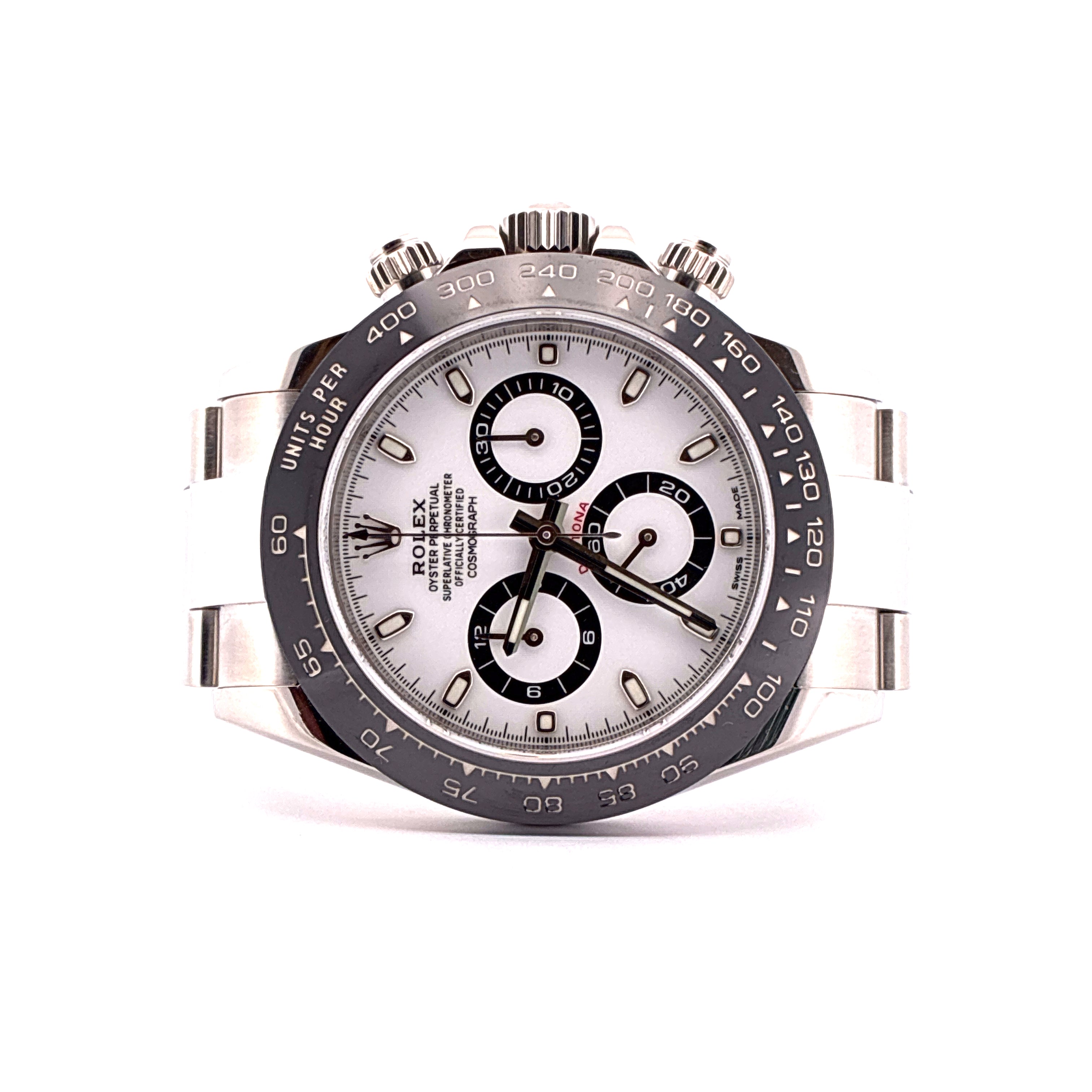 Rolex Daytona Panda Chronograph mit Stahlgehäuse und weißem Zifferblatt Frontansicht