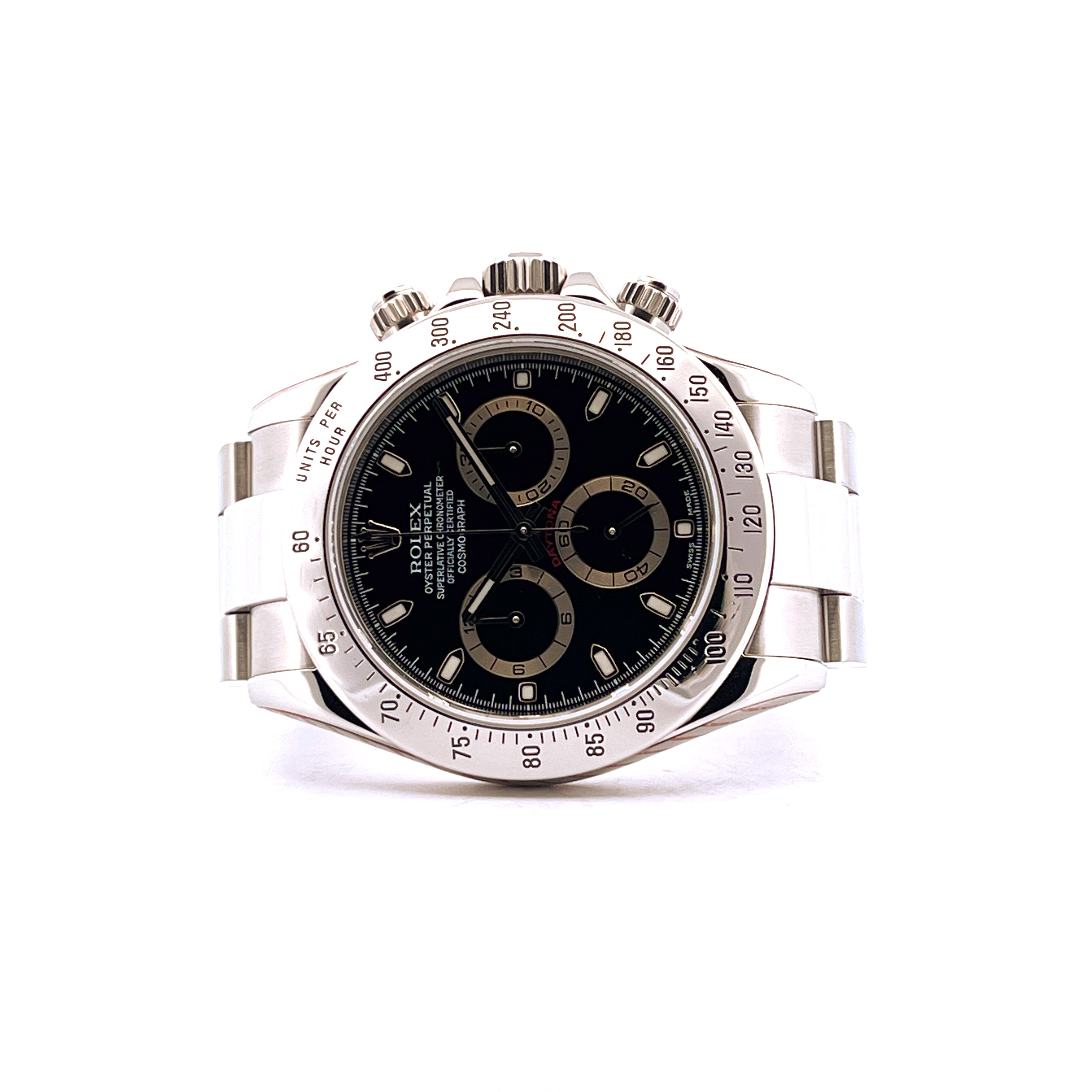Rolex Daytona 116520 aus Edelstahl, schwarzes Zifferblatt, Frontansicht auf weißem Hintergrund