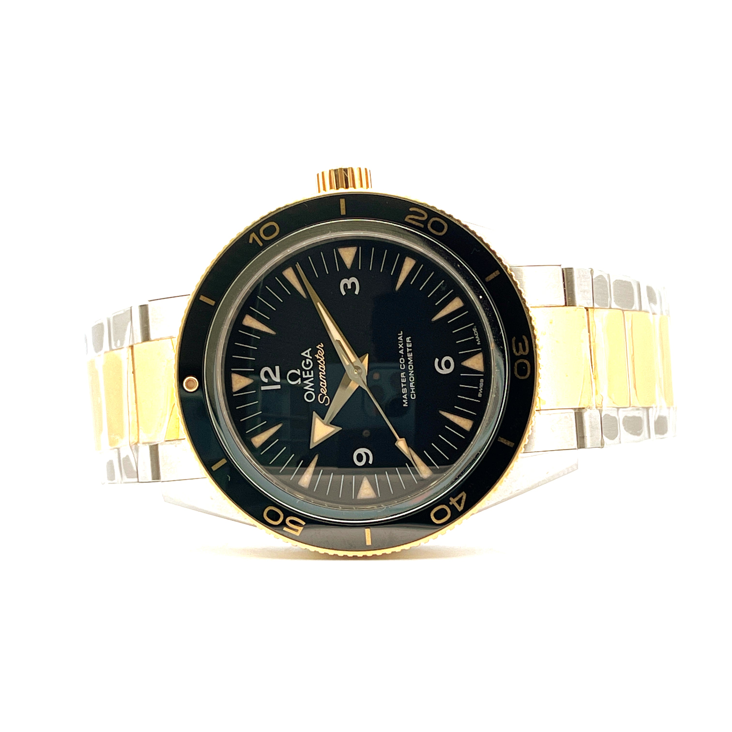 Omega Seamaster 300 Co-axial Bicolor mit schwarzem Zifferblatt und bicolor-Armband