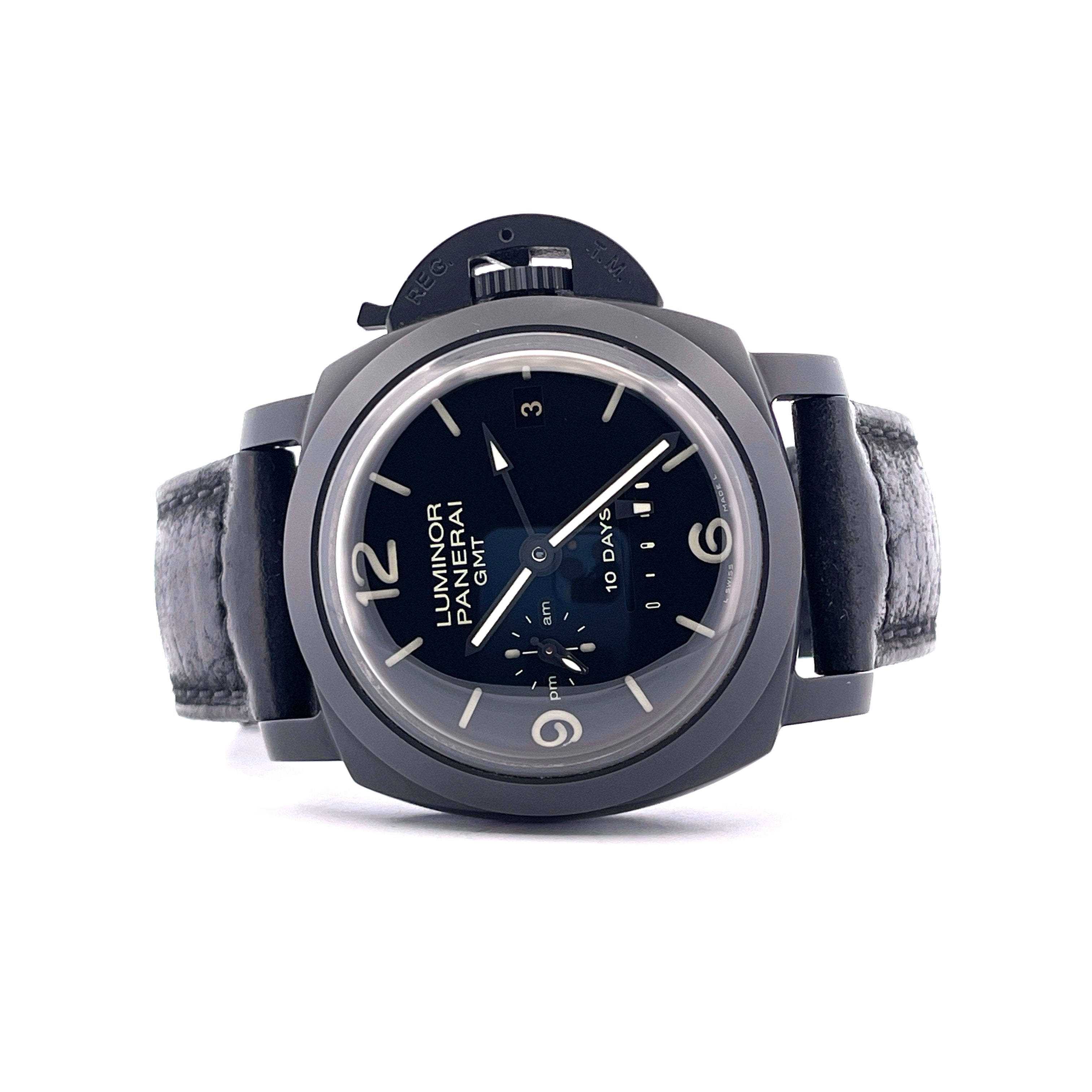 Panerai Luminor 1950 10 Days GMT Keramiksuhr mit schwarzem Zifferblatt und Lederarmband