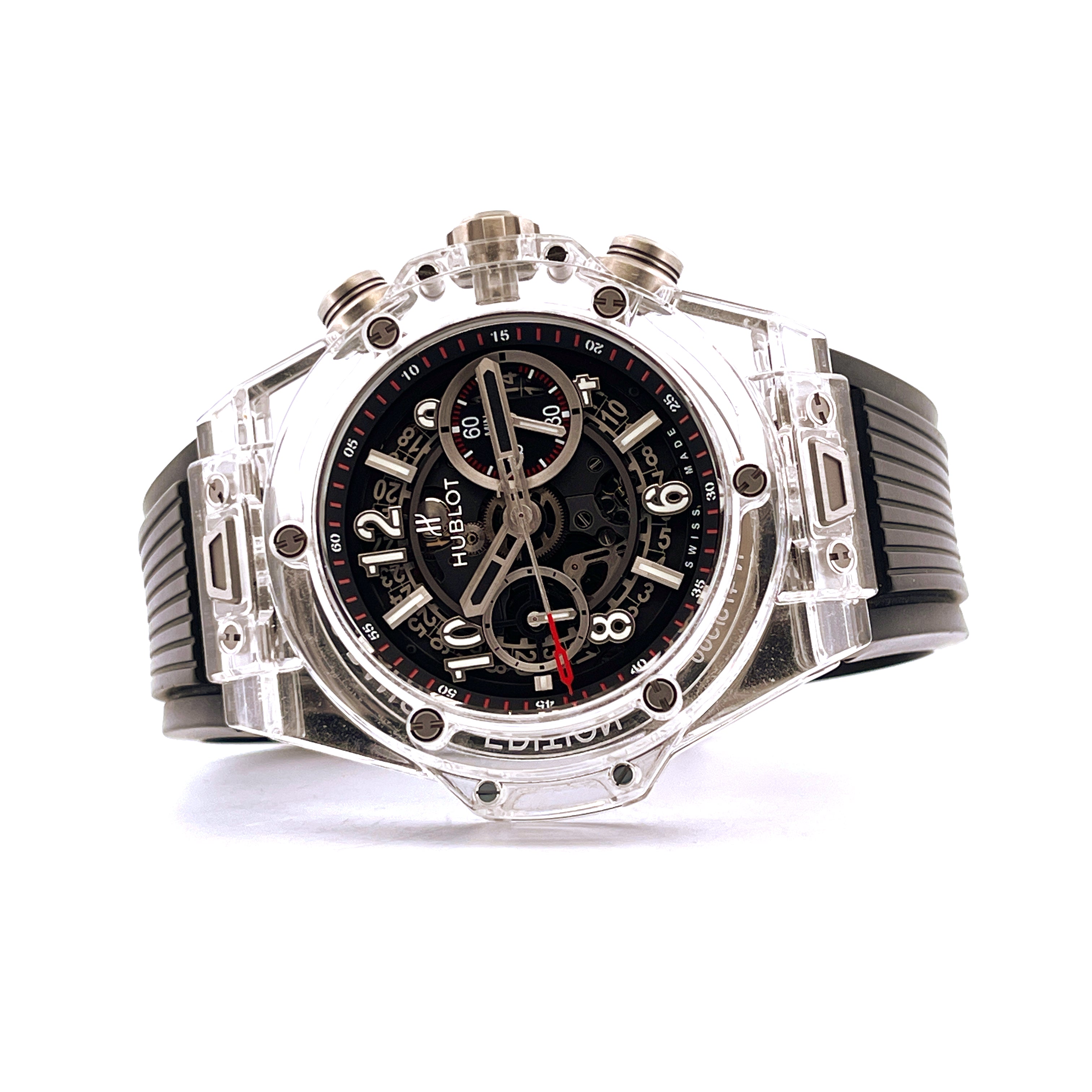 Hublot Big Bang Unico Magic Sapphire Lim. Edt. 500 Saphirglas Uhr mit schwarzem Zifferblatt und Kautschukband