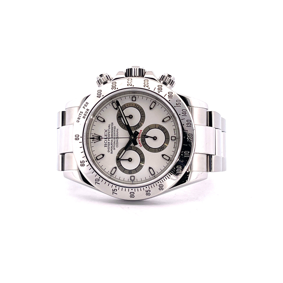 Rolex Daytona white Dial 116520 / very good Condition / Full Set / LC100 / 2002, Vorderansicht mit Zifferblatt, Krone und Drückern vor weißem Hintergrund