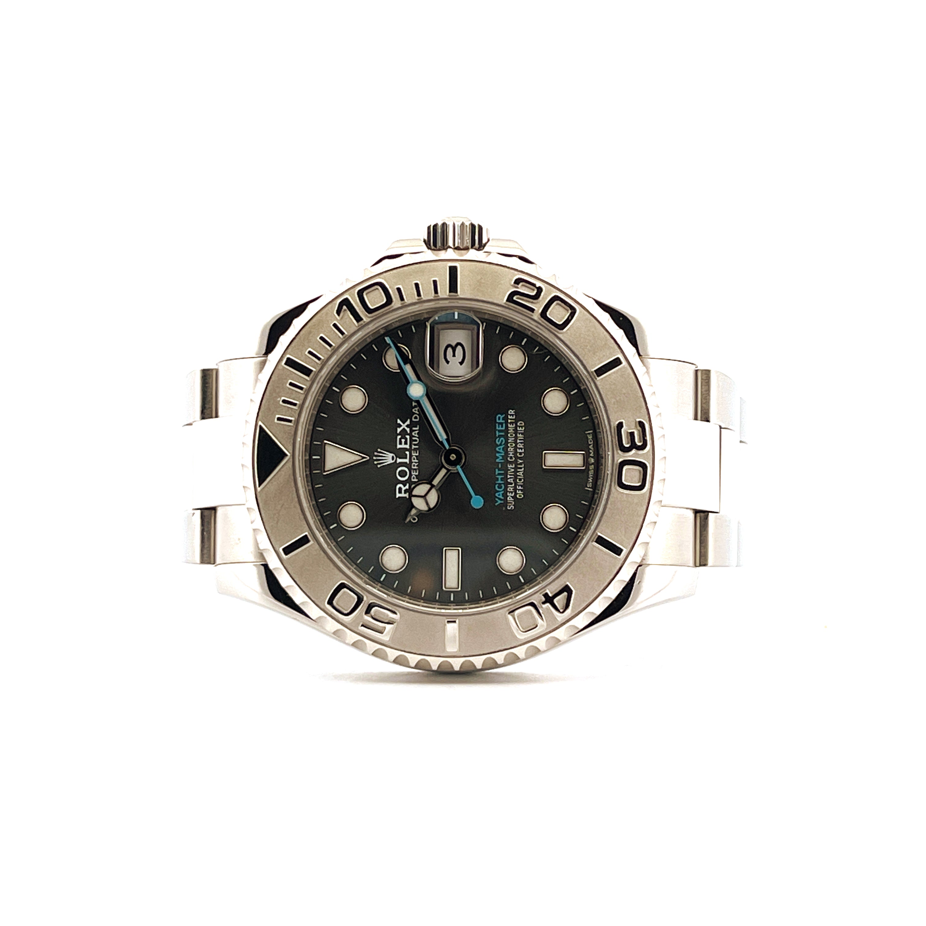 Rolex Yacht-Master 37mm Stahl-Automatik-Uhr mit Rhodium-Zifferblatt auf weißem Hintergrund