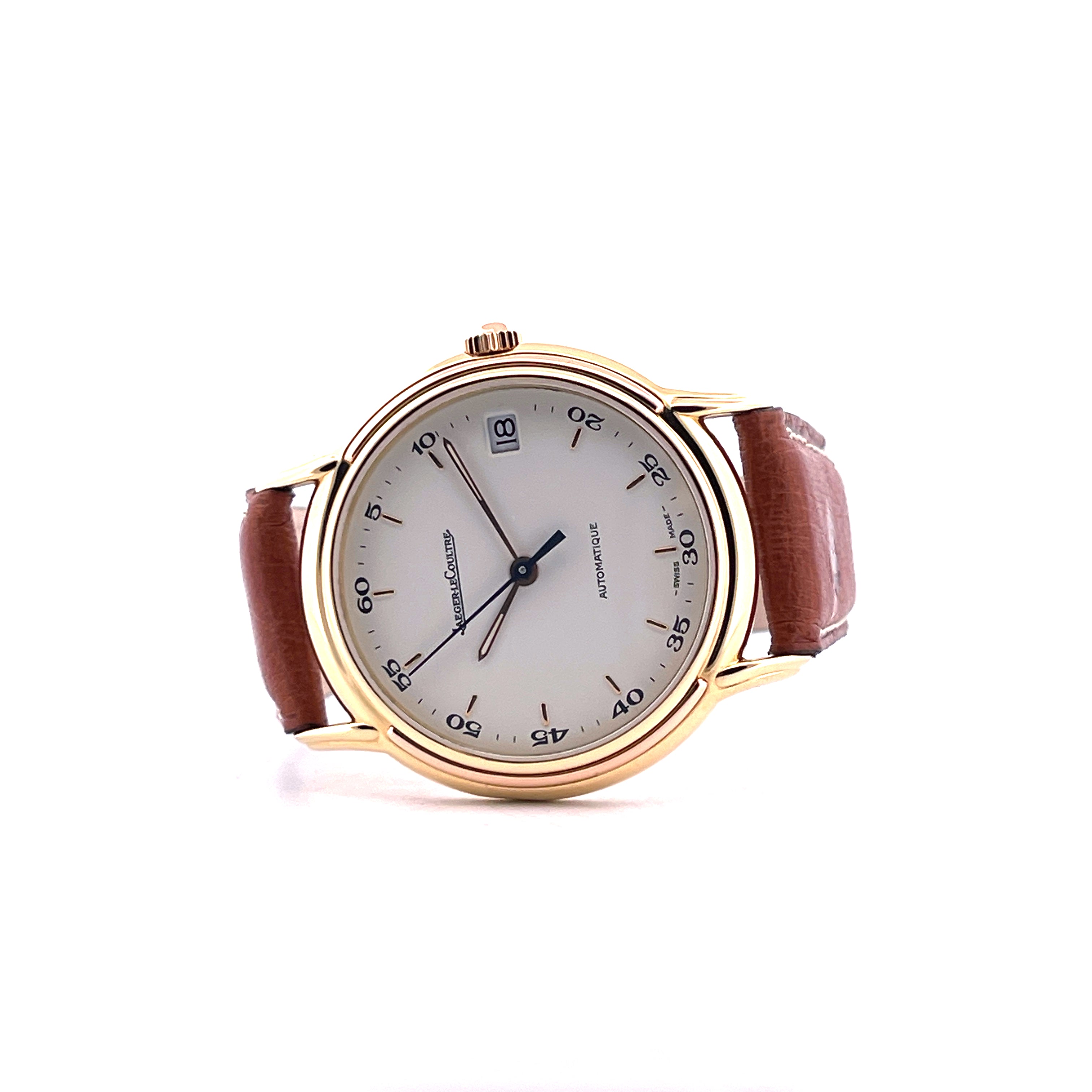 Jaeger LeCoultre Odysseus Automatik 18k Gold Uhr mit braunem Lederarmband auf weißem Hintergrund