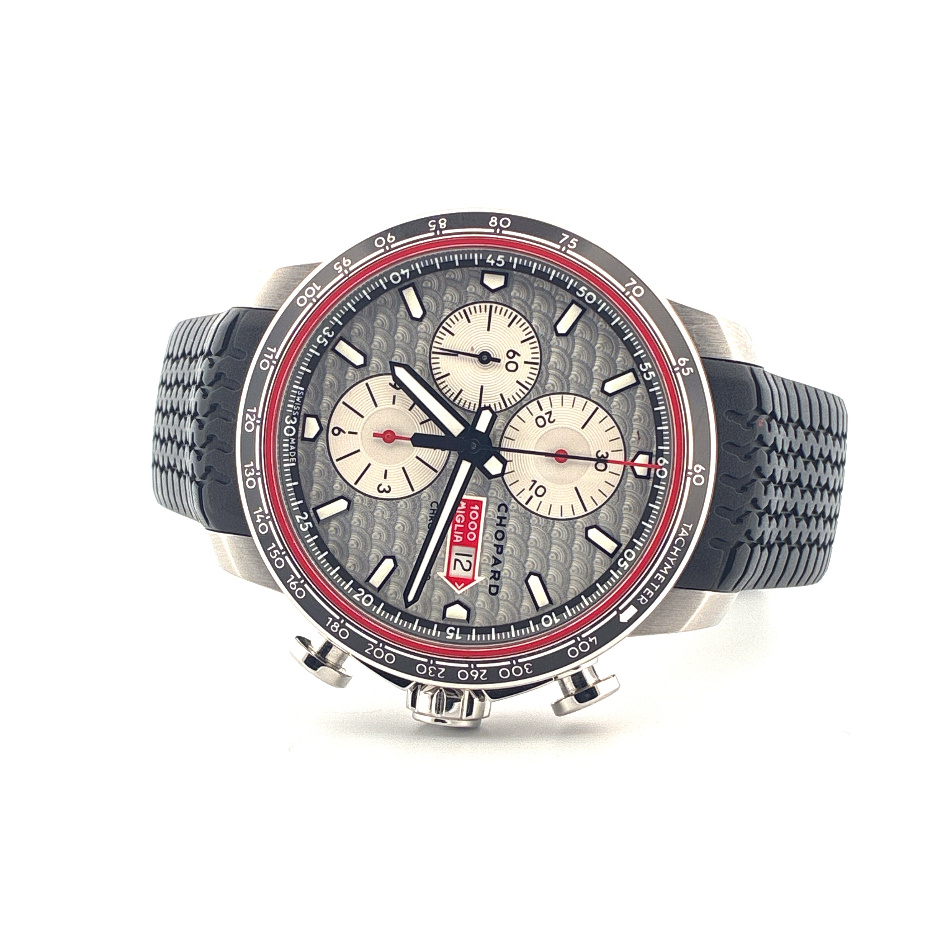 Chopard Mille Miglia 2017 Race, Edelstahl-Chronograph mit schwarzem Reifenprofil-Armband