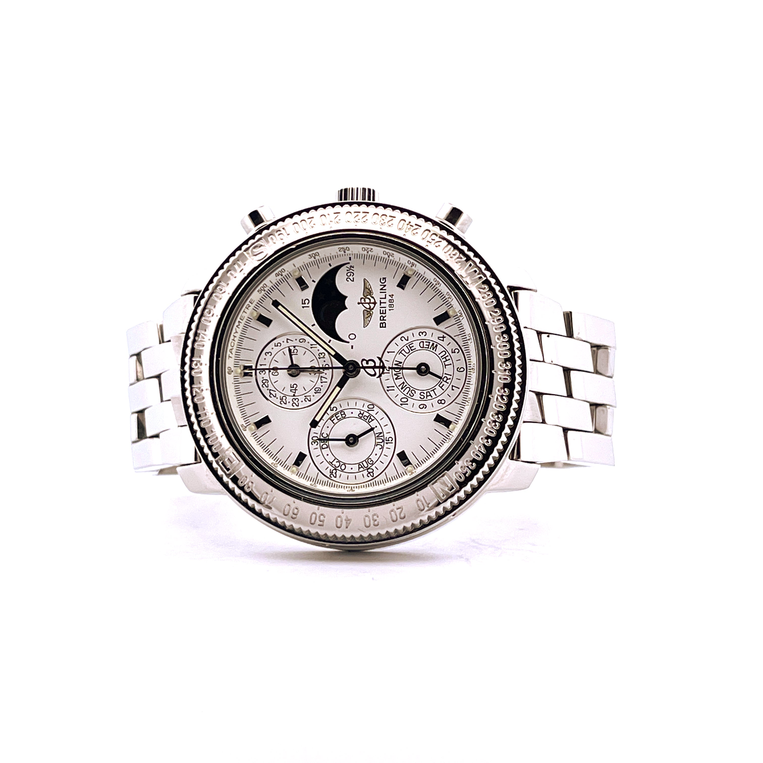 Breitling Astromat Chronograph Moon Phase, Edelstahl, von vorne, mit Mondphasenanzeige und Hilfszifferblättern
