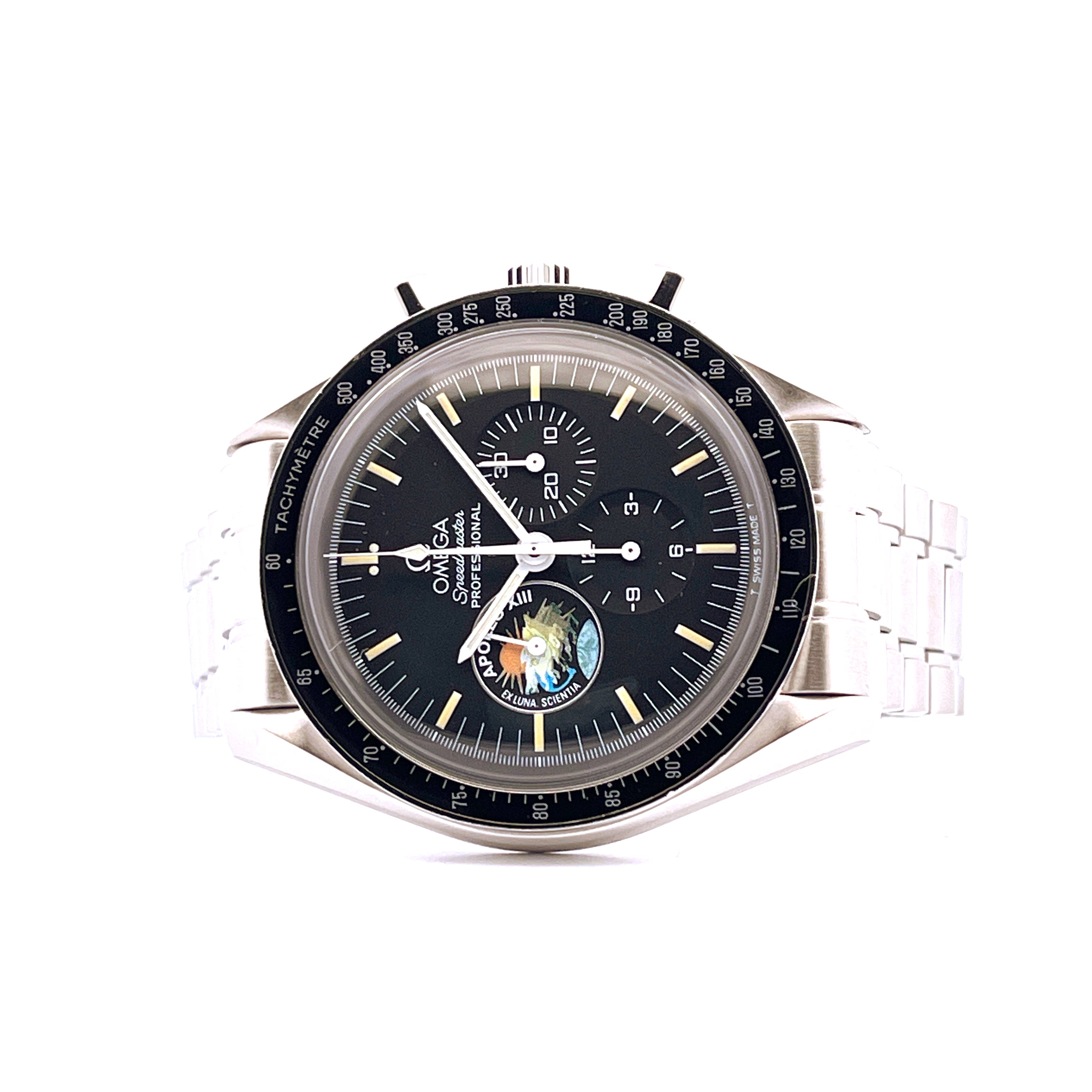 Omega Speedmaster Apollo 13 Limited Edition mit schwarzem Zifferblatt und Mondphase, Stahlarmband