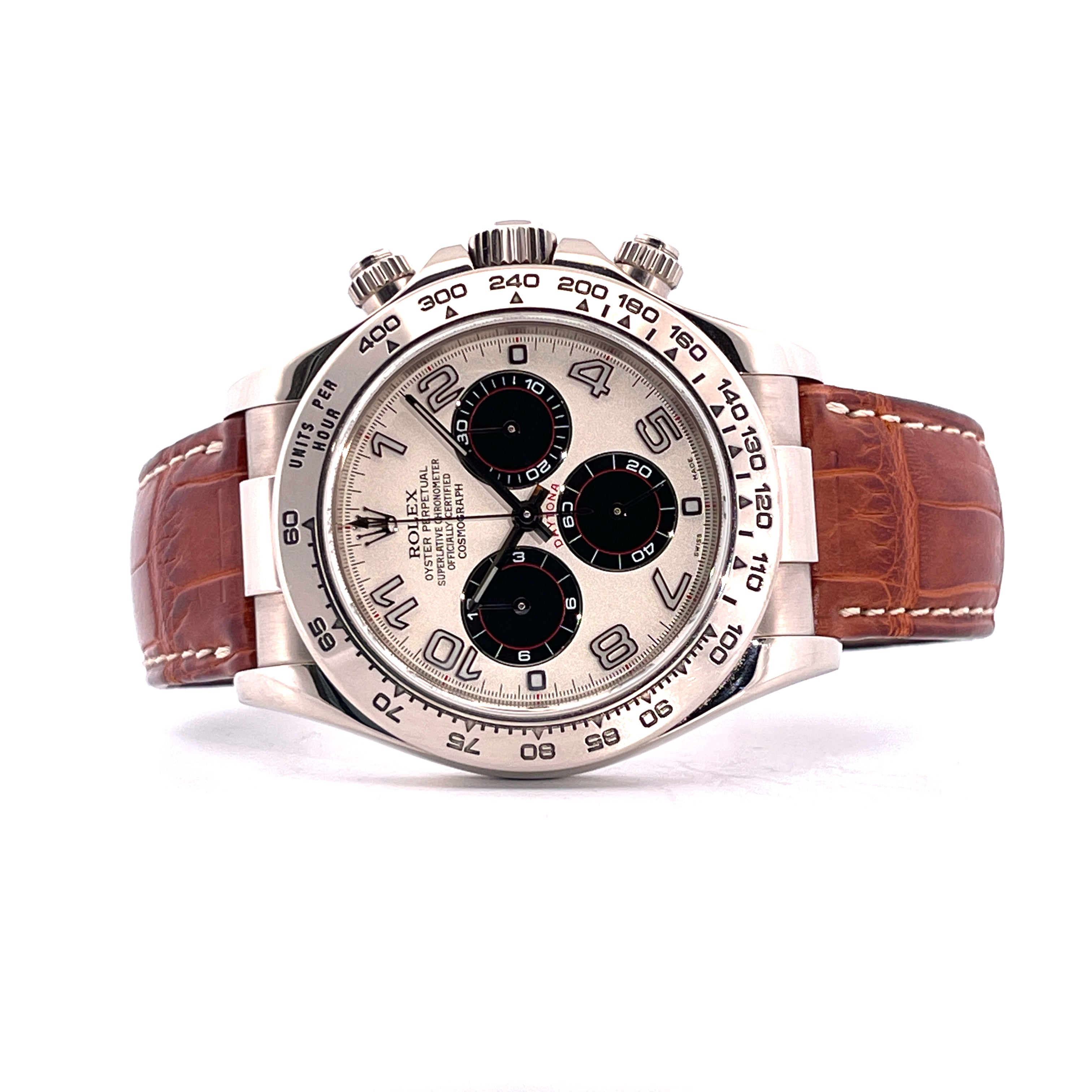Rolex Daytona Panda Racing Dial 2002 Automatik in Weißgold mit braunem Krokoarmband