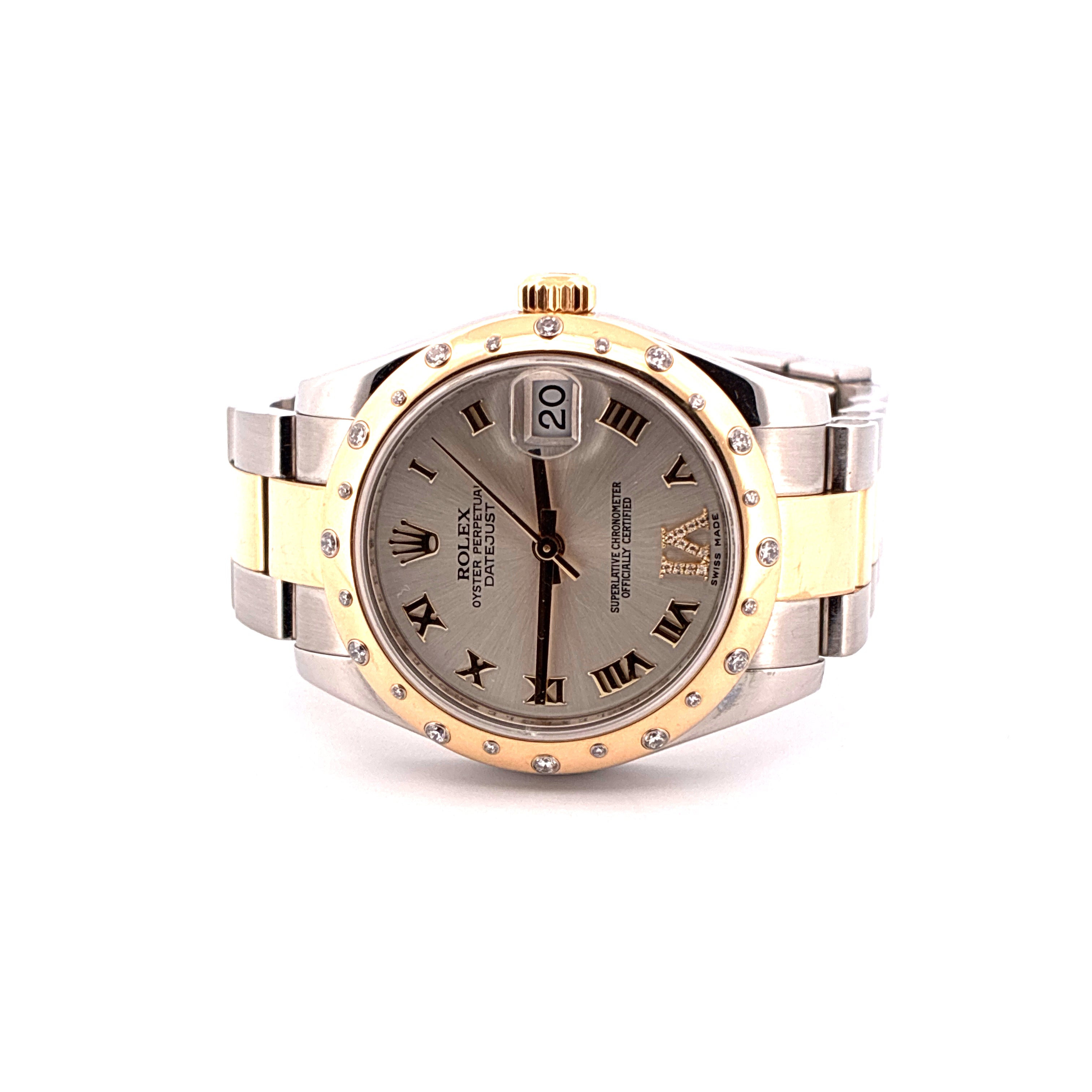 Rolex Datejust 31mm Stahl-Gold mit Diamantenbesatz und römischen Ziffern auf grauem Zifferblatt