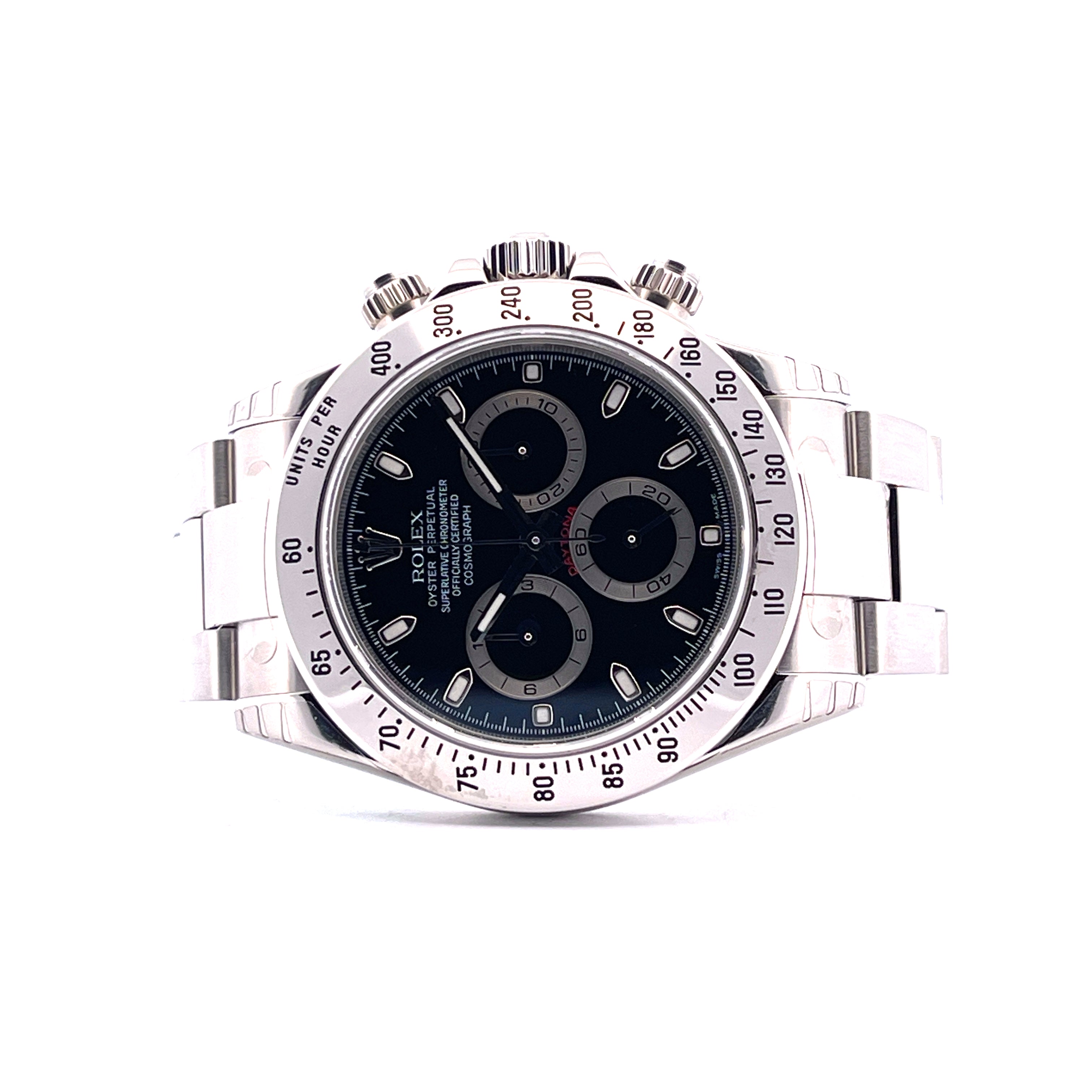 Rolex Daytona 116520 schwarzes Zifferblatt Edelstahluhr mit silbernem Armband und Tachymeterlünette aus nächster Nähe