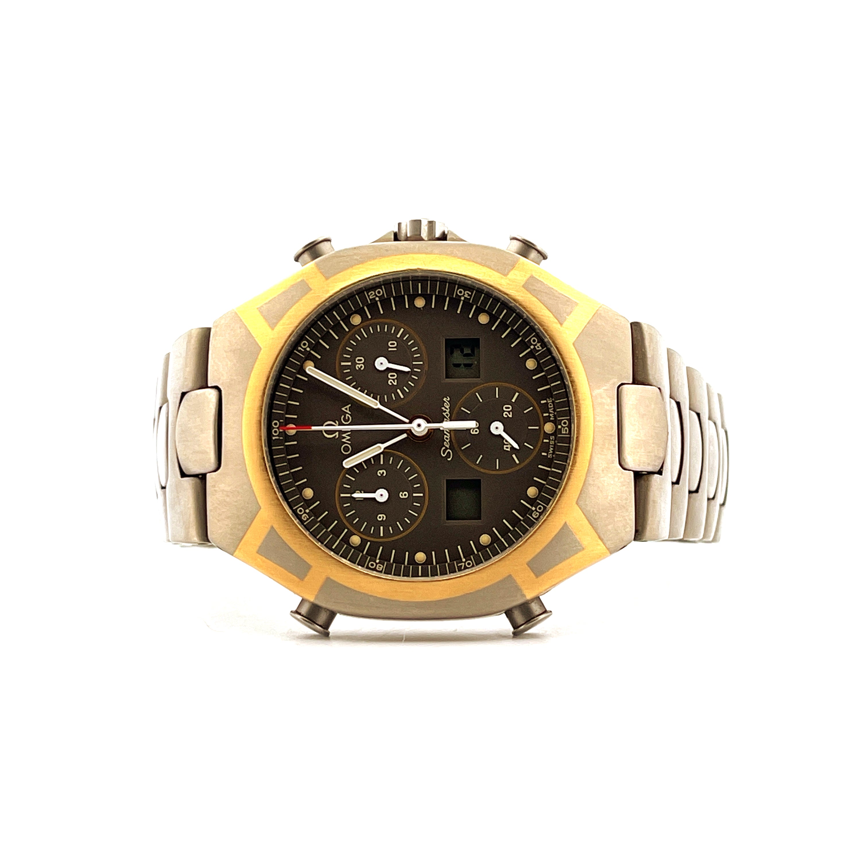 Omega Seamaster Polaris mit Gold-Stahl-Gehäuse und dunklem Zifferblatt im Frontales Bild