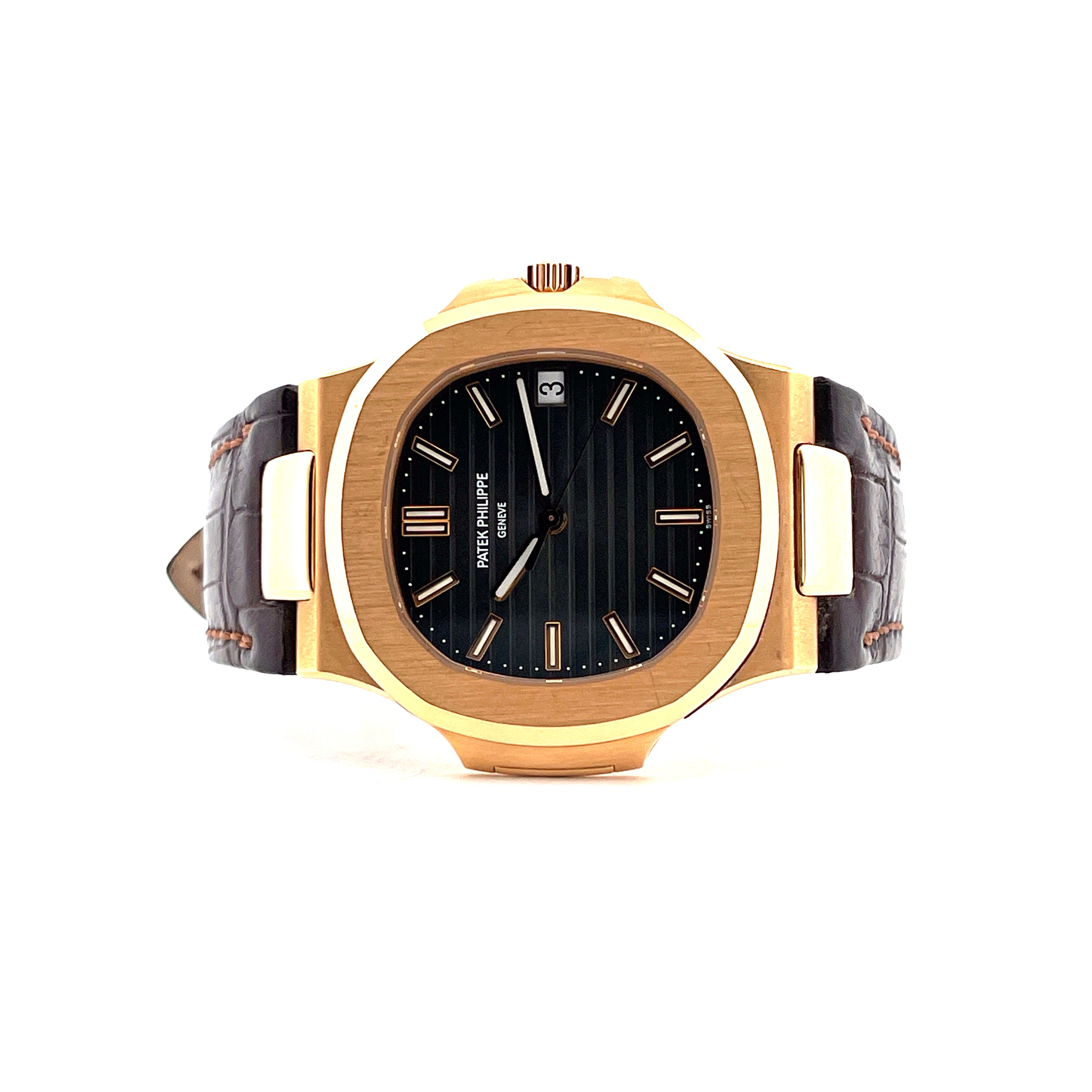 Patek Philippe Nautilus 5711R-001 aus Roségold mit schwarzem Zifferblatt und braunem Lederarmband