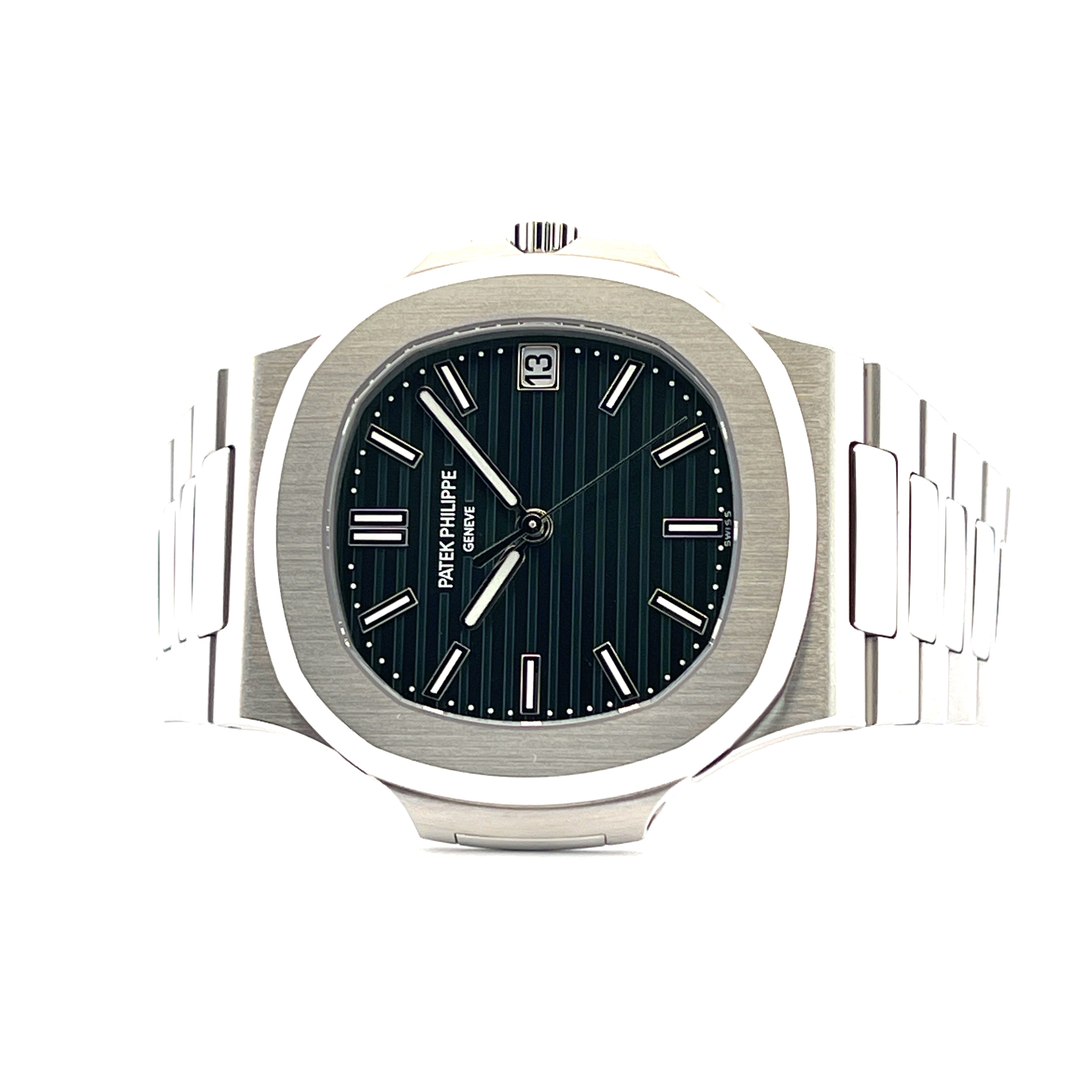 Patek Philippe Nautilus 5711/1A-014 mit grünem Zifferblatt in Frontansicht auf weißem Hintergrund