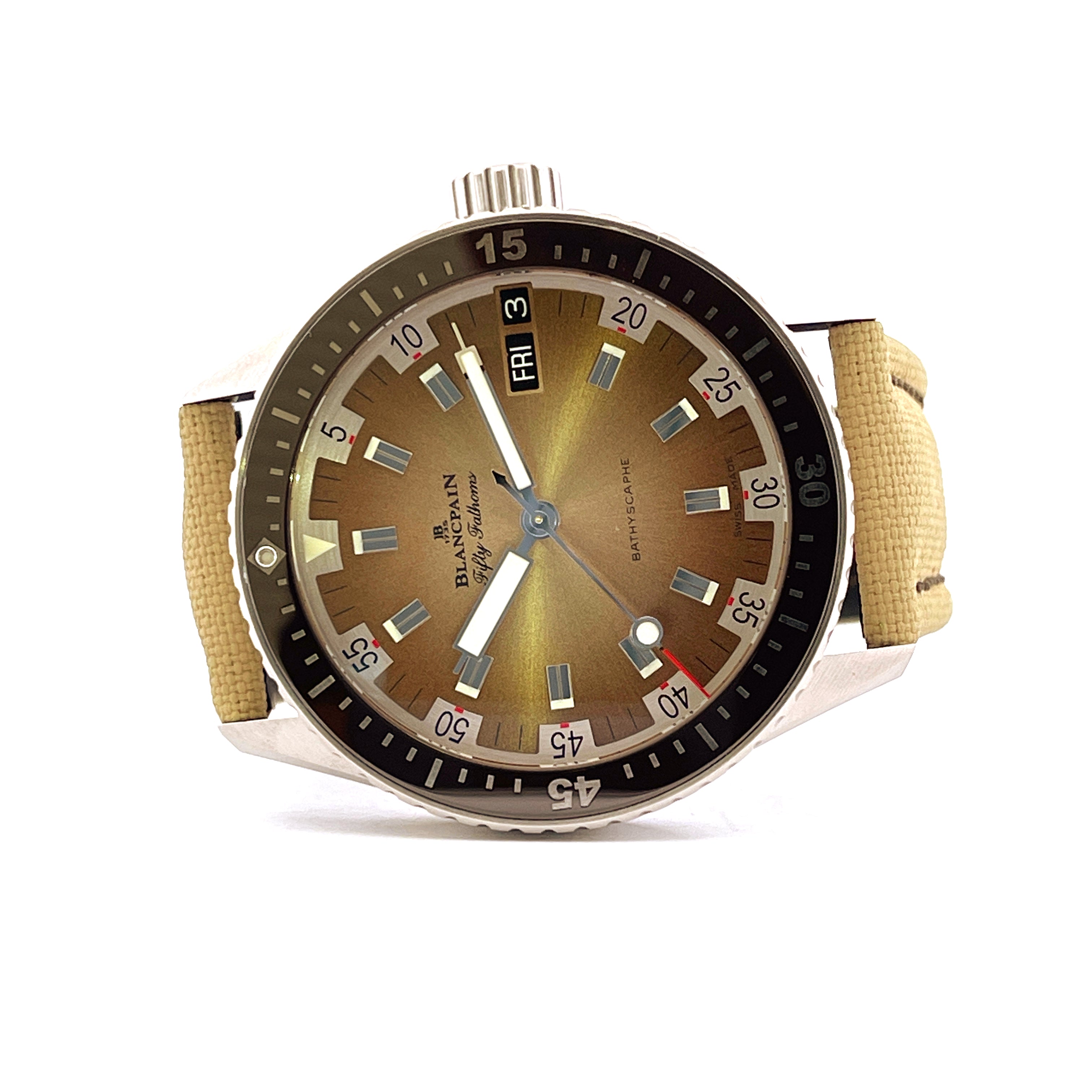 Blancpain Fifty Fathoms Bathyscaphe Day Date Desert Limited Edition aus Stahl mit braunem Zifferblatt und Textilband