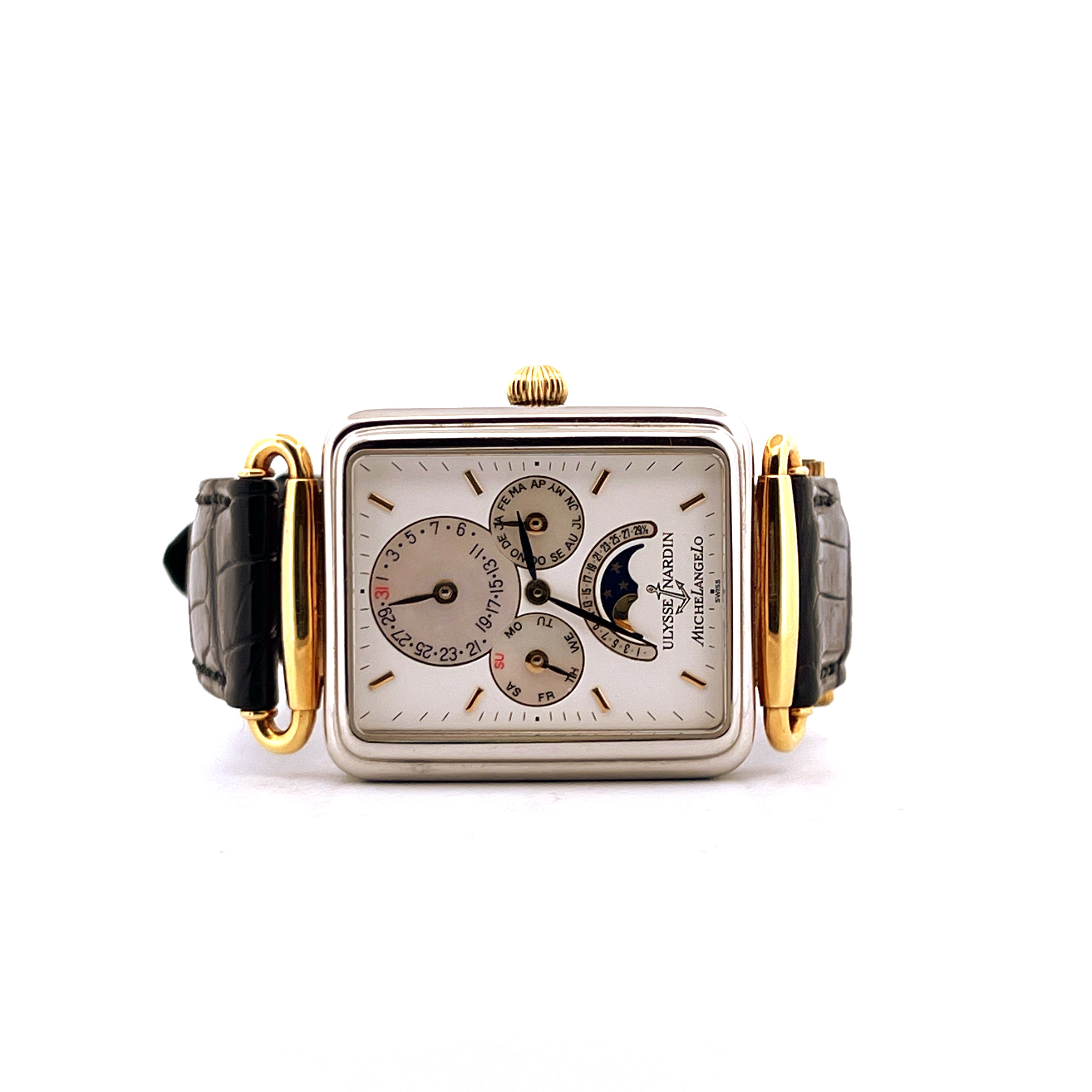 Ulysse Nardin Michelangelo Chronograph Automatikuhr mit silbernem Zifferblatt und schwarzem Lederarmband