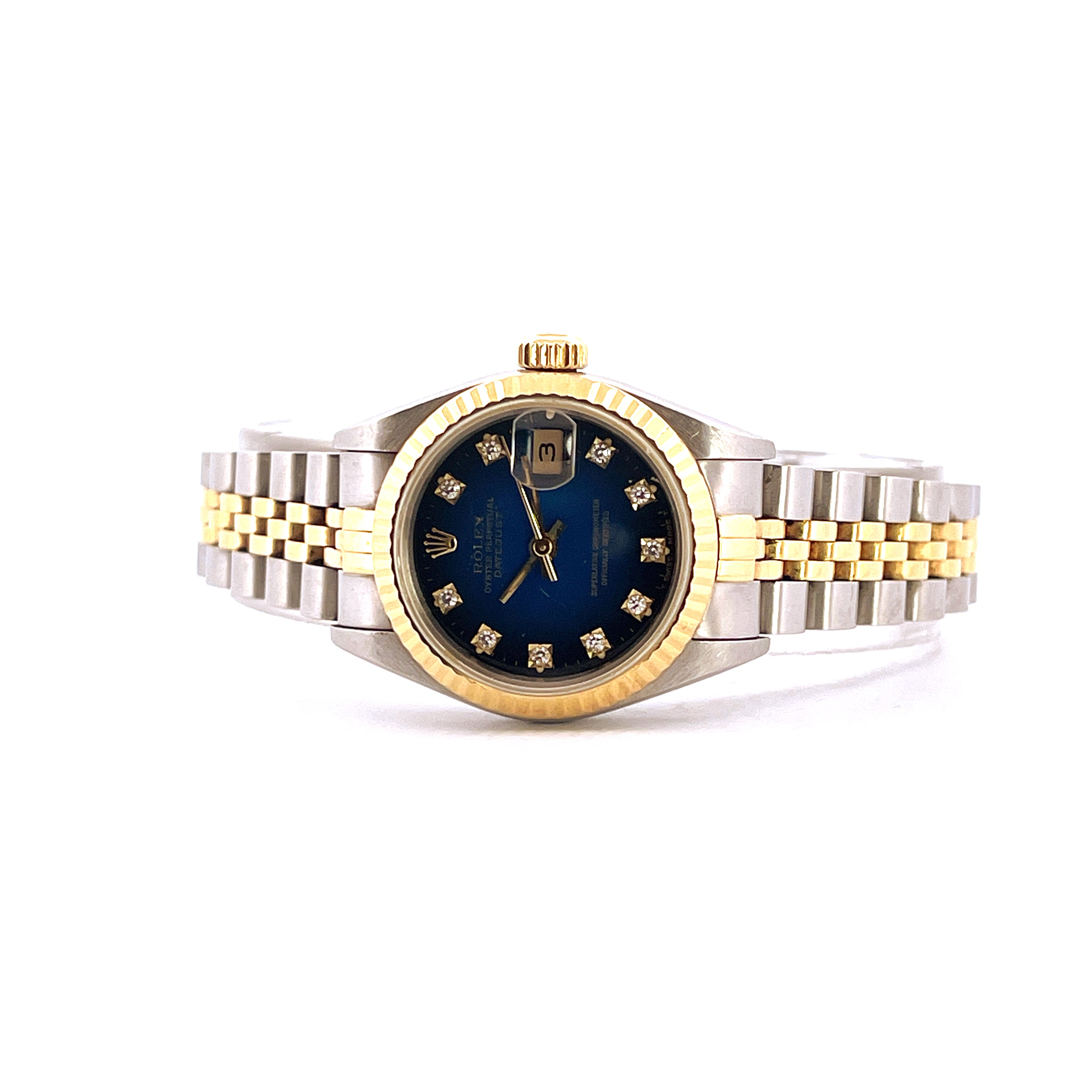 Rolex Lady-Datejust 26 mm mit blauem Zifferblatt und Diamanten im Frontalansicht