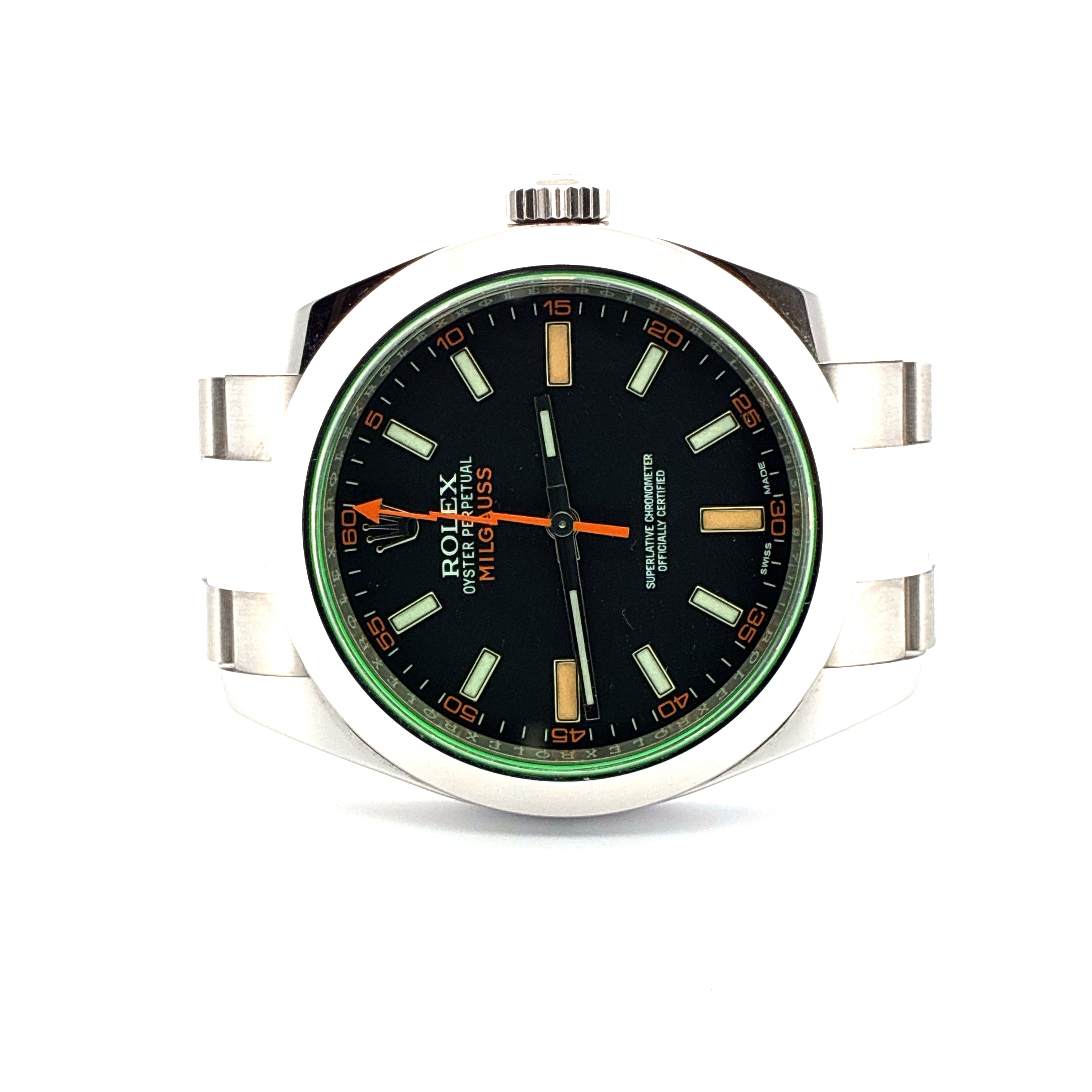 Rolex Milgauss Herrenuhr, Stahl, schwarzes Zifferblatt, orangefarbener Blitzsekundenzeiger und Indizes