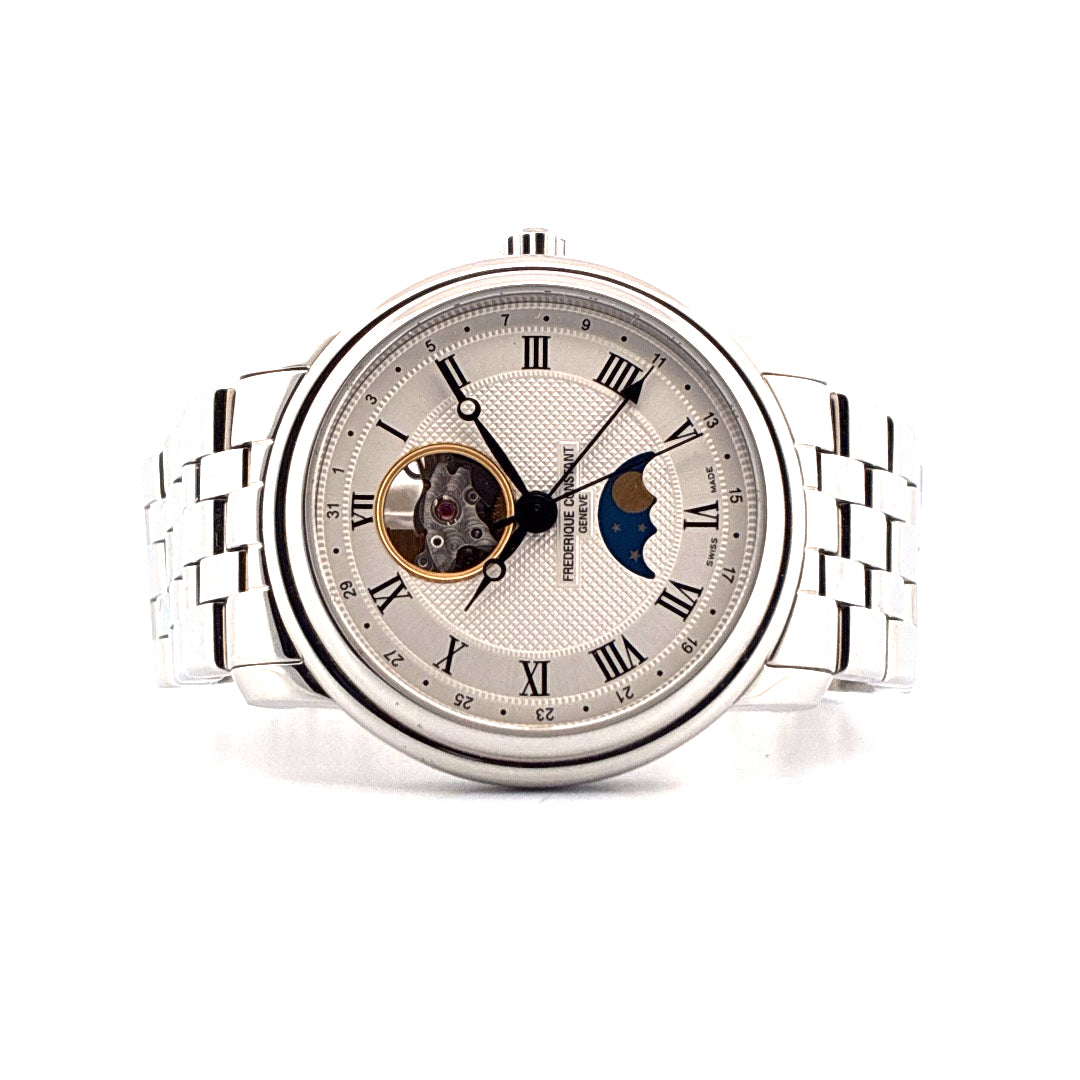 Frederique Constant Classics Moonphase Uhr mit silbernem Zifferblatt und Mondphasenanzeige, Edelstahlarmband, Frontansicht