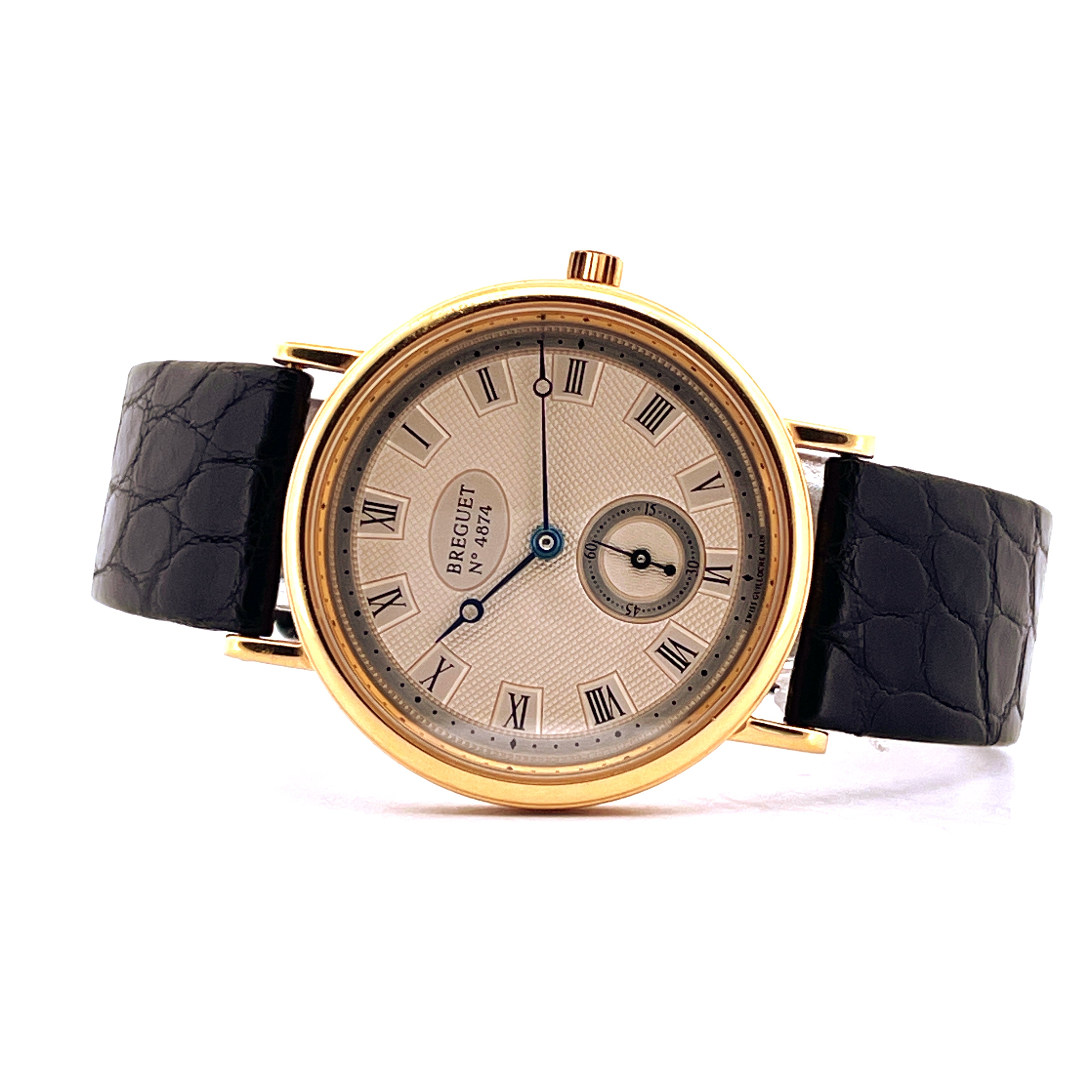 Breguet Classique 3910BA 1999 Gelbgolduhr mit silbernem Zifferblatt und schwarzem Lederarmband