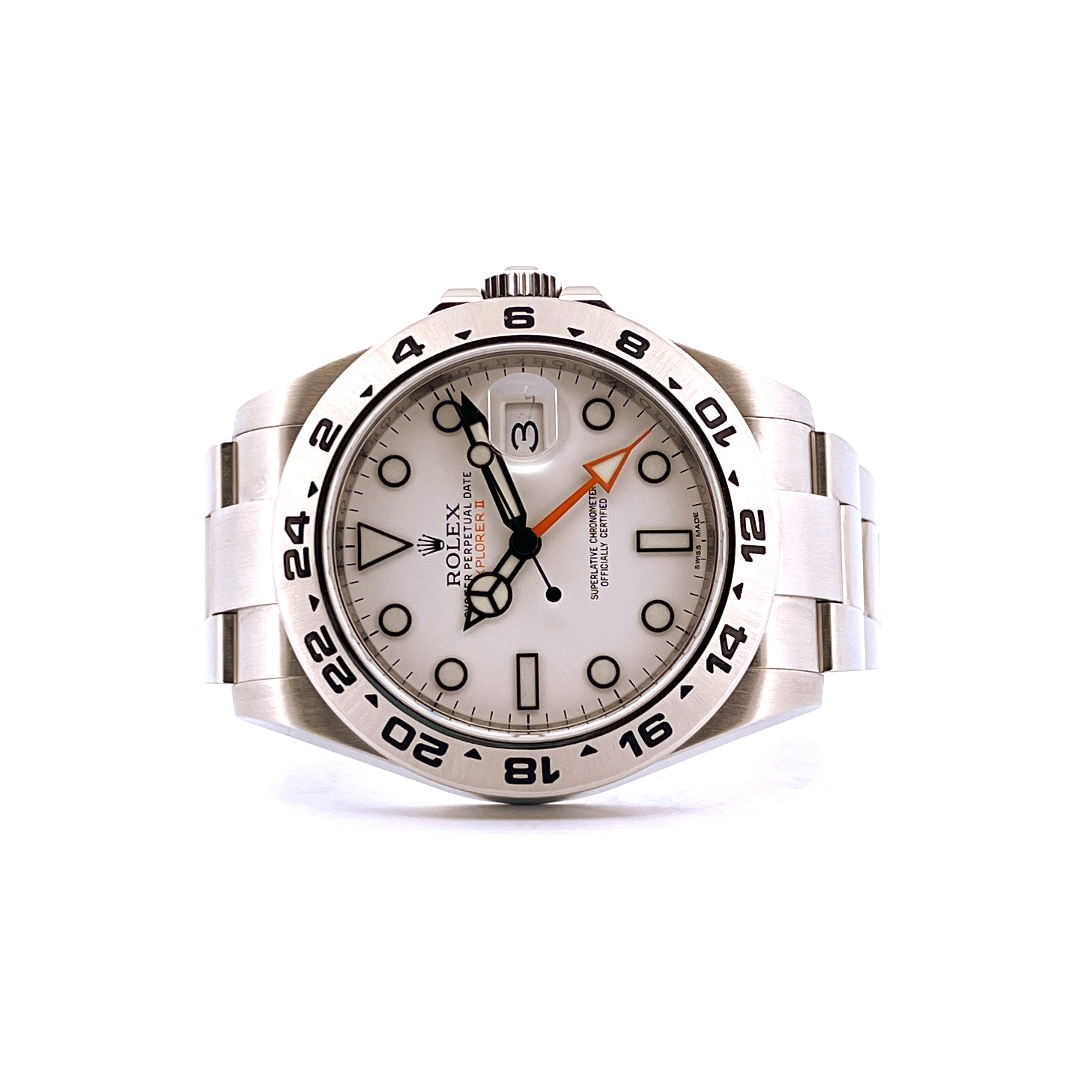 Rolex Explorer II Polar Dial Automatik-Uhr mit Stahlgehäuse und markanter orangefarbener GMT-Lünette