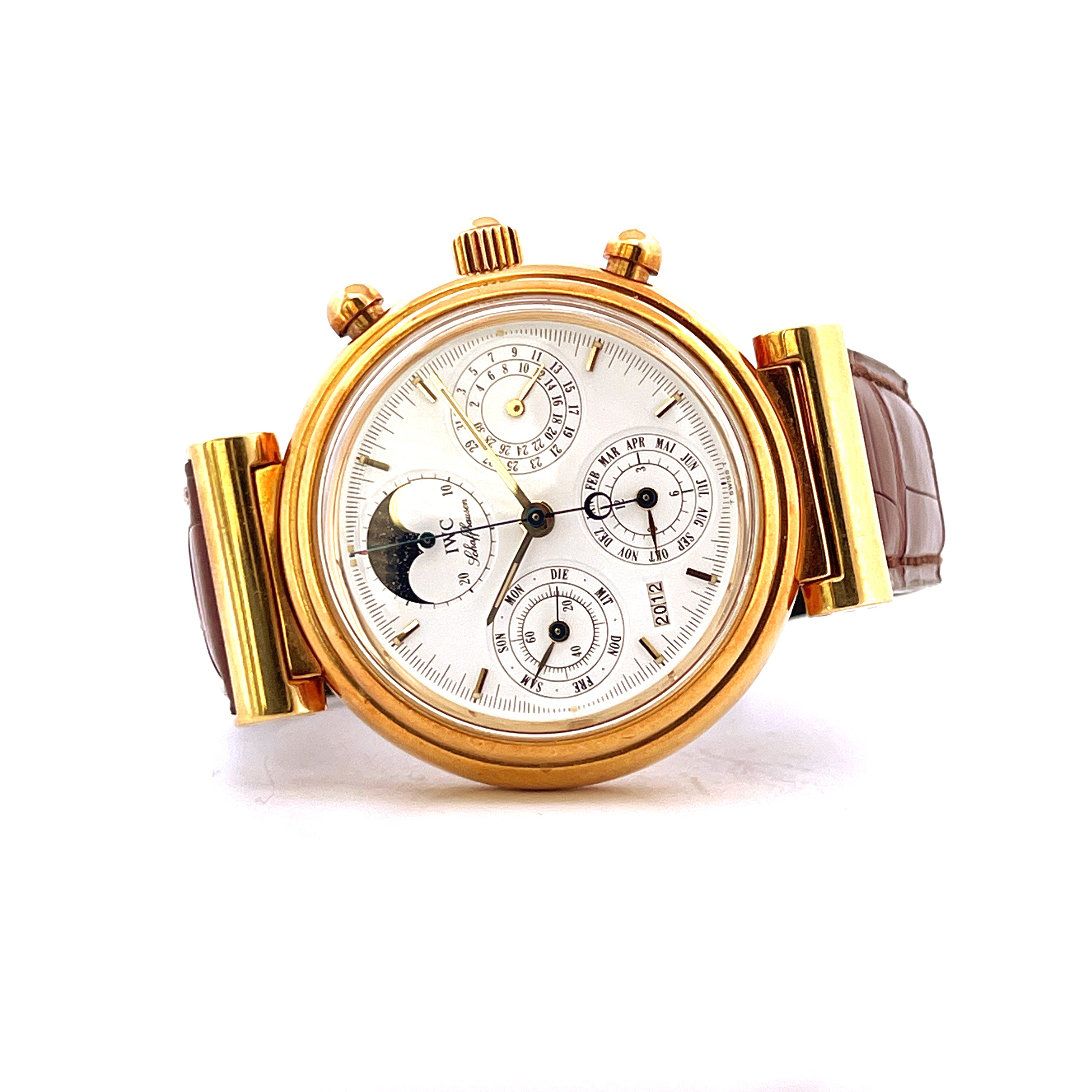 IWC Da Vinci Perpetual Calendar 1987 in Gelbgold mit braunem Lederarmband und Mehrfachkomplikationen
