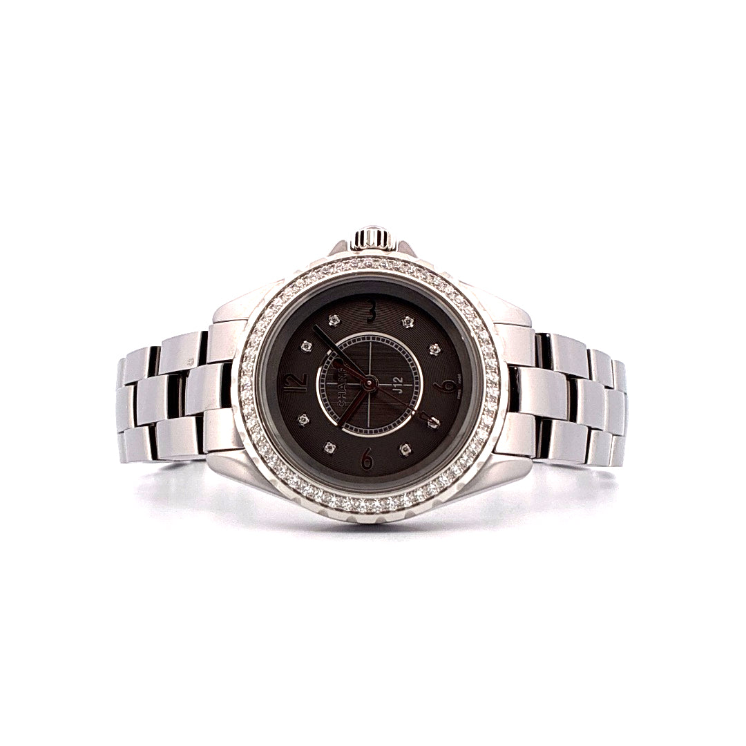 Chanel J12 33mm Damenuhr Keramik mit Diamanten und grauem Zifferblatt