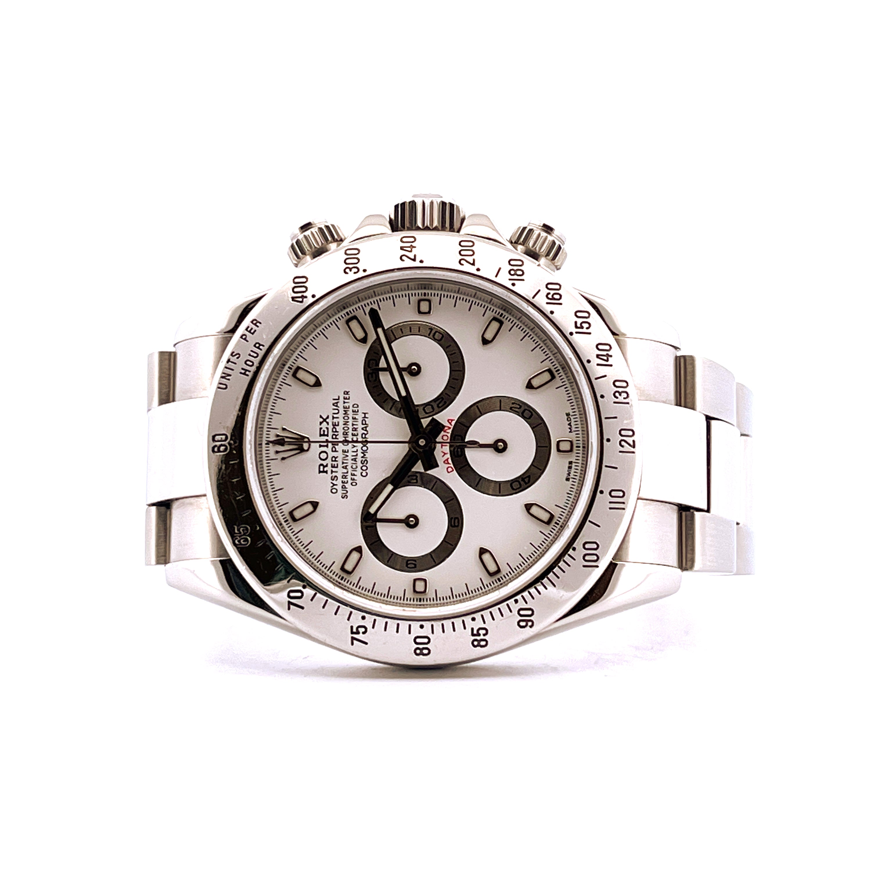 Rolex Daytona 116520 aus Edelstahl, Frontansicht, mit weißen Zifferblatt und Edelstahlarmband