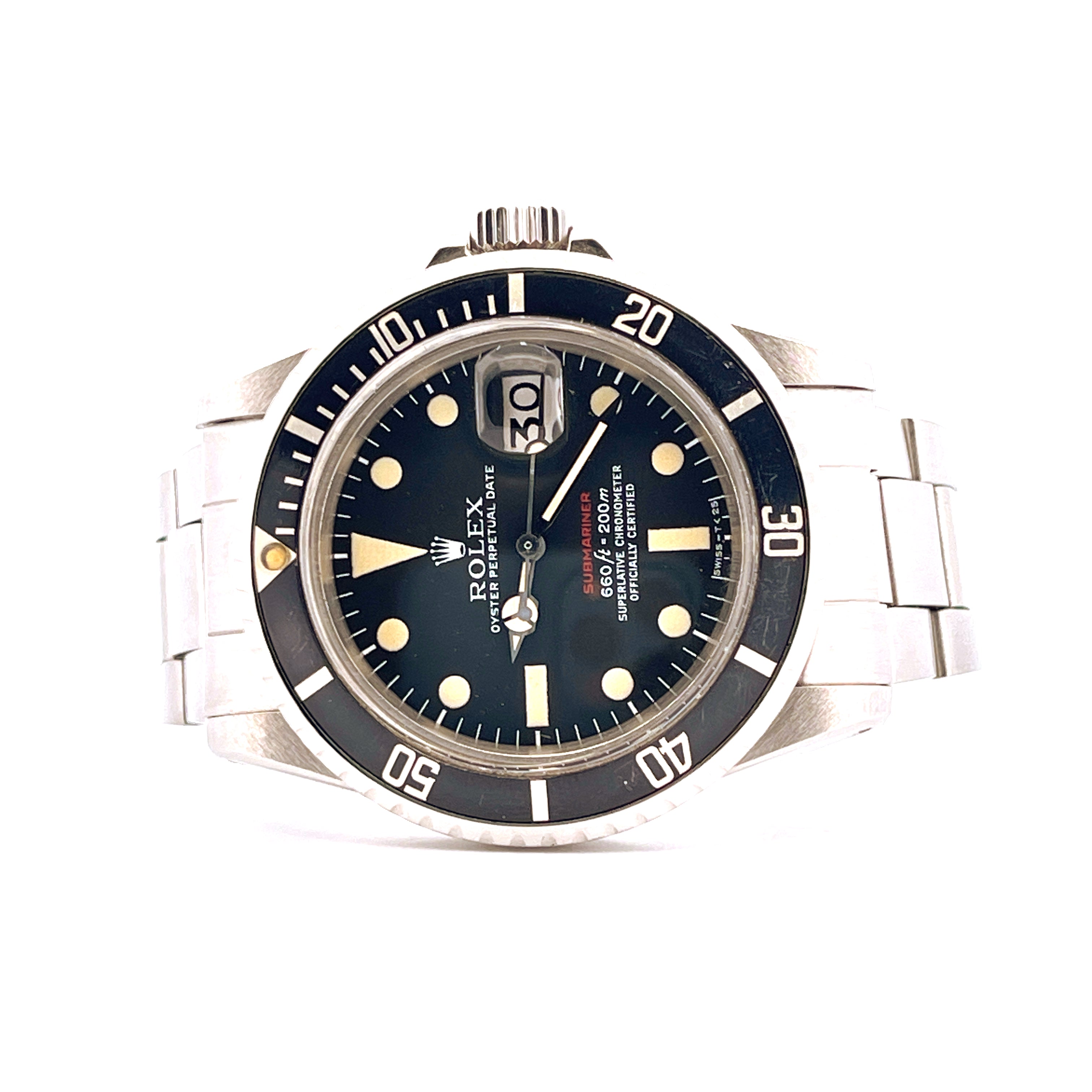 Rolex Submariner Date MK5 Ref. 1680 (1972) aus Stahl mit schwarzem Zifferblatt und Datum 30 auf weißem Hintergrund