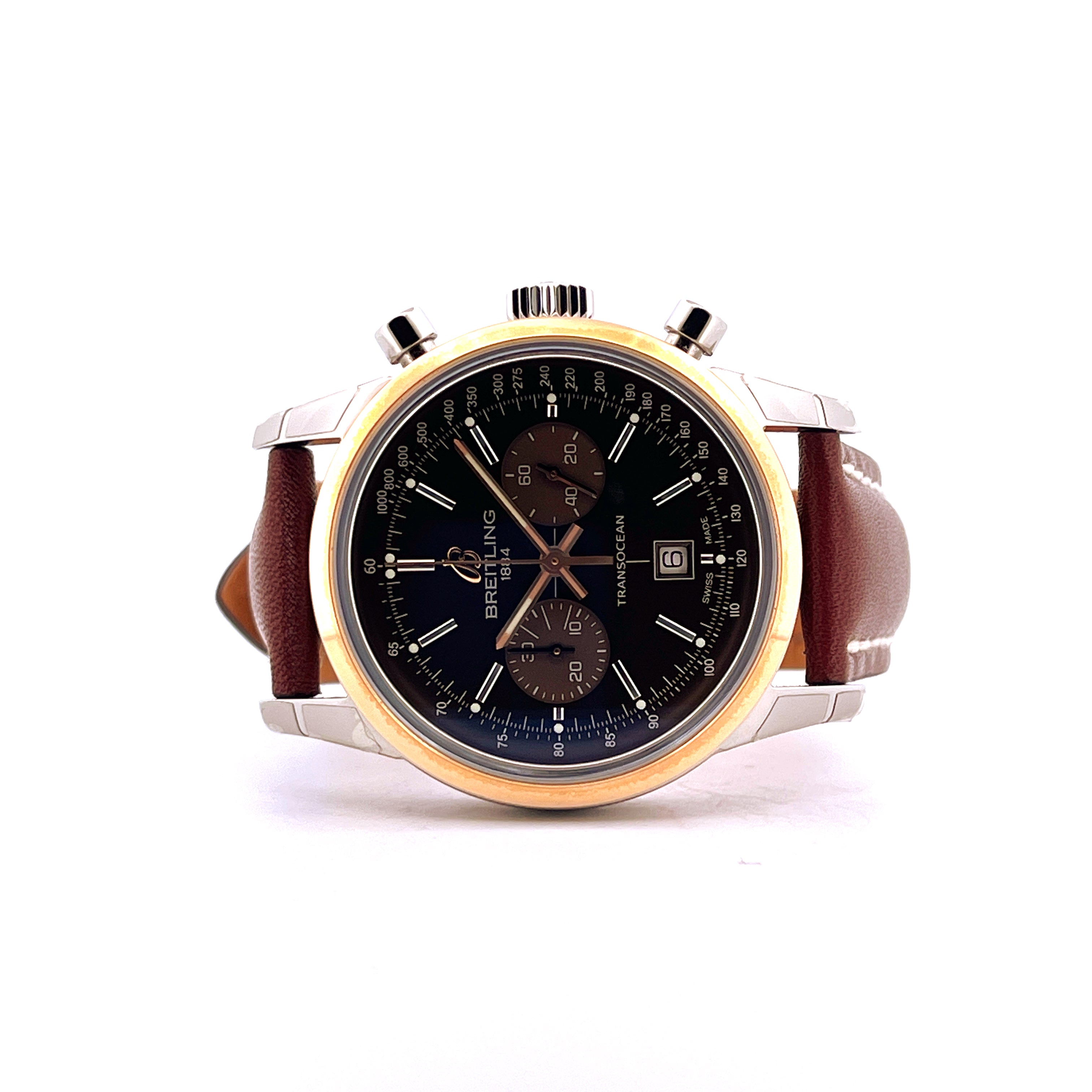 Breitling Transocean Chronograph 38 mit Edelstahl- und Goldgehäuse und braunem Lederarmband
