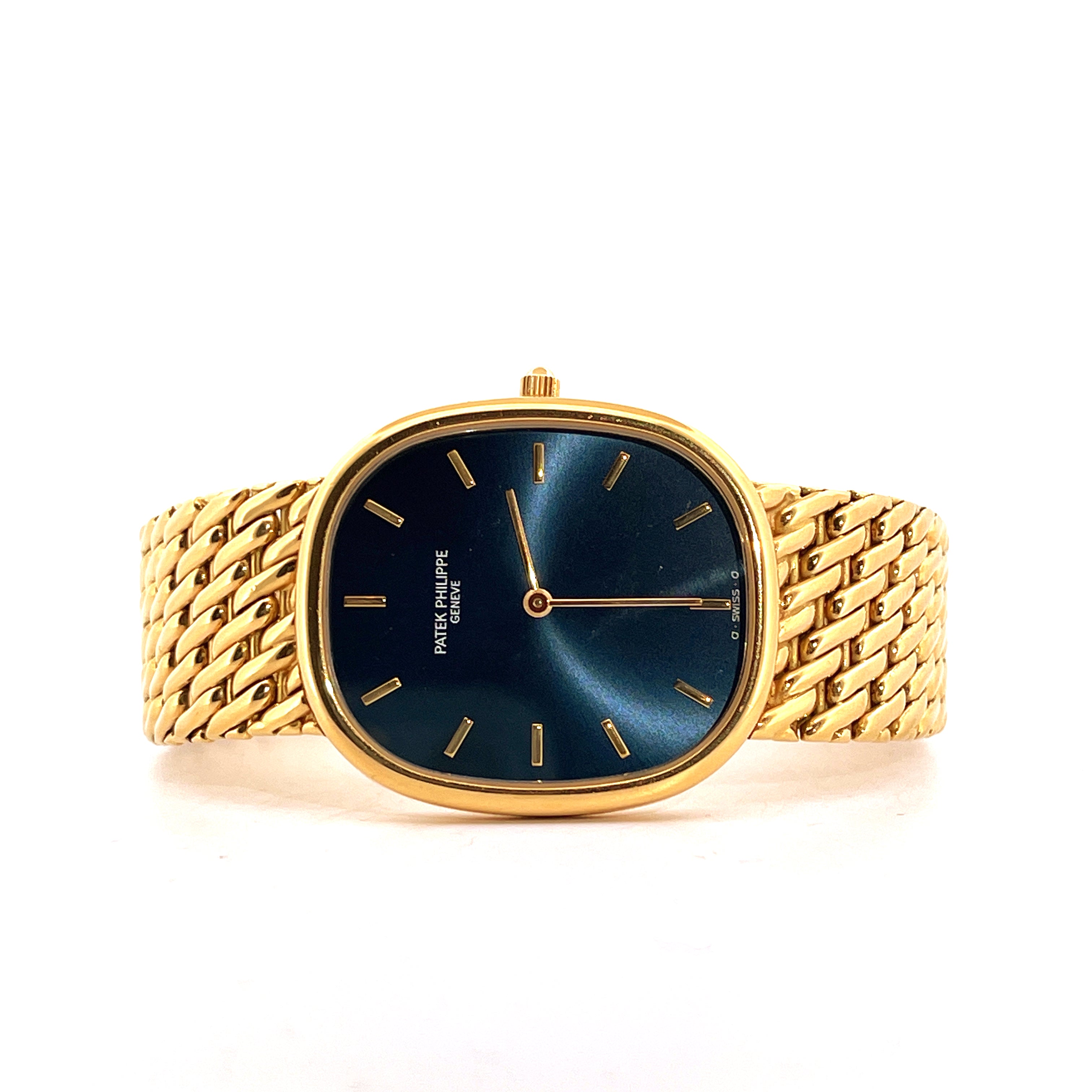Patek Philippe Ellipse 18kt Gelbgold Automatik, blaues Zifferblatt mit Gliederarmband Frontansicht