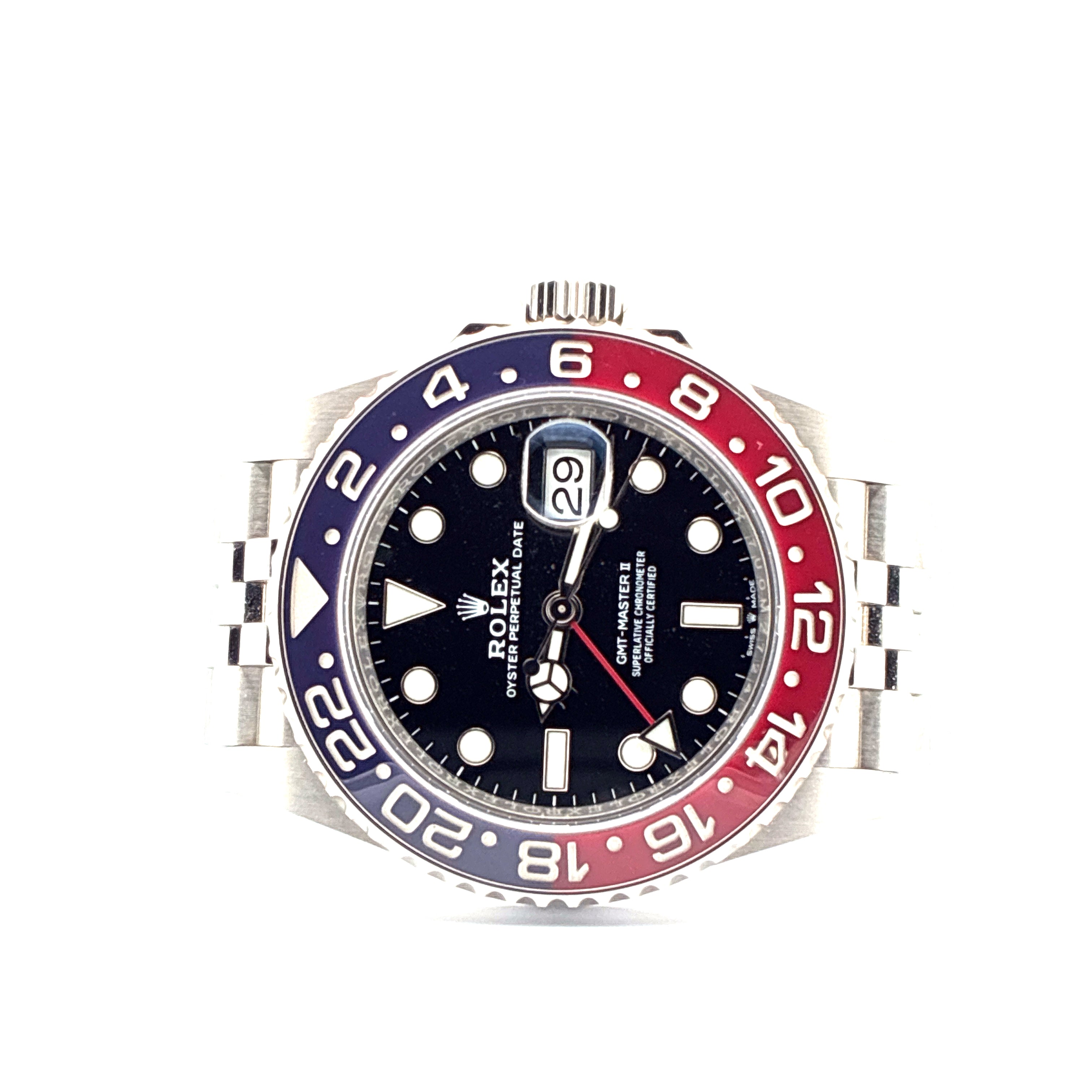 Rolex GMT-Master II Pepsi Jubilee 2019 Stahl Automatik 40mm mit Datum und zweiter Zeitzone auf weissem Hintergrund